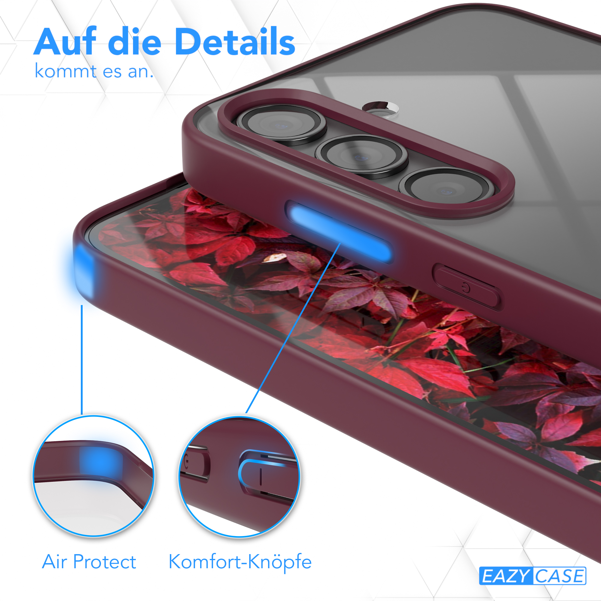 Nahaufnahme einer Handyhülle mit bordeauxrotem Rahmen, die den Luftschutz und die Komforttasten hervorhebt.