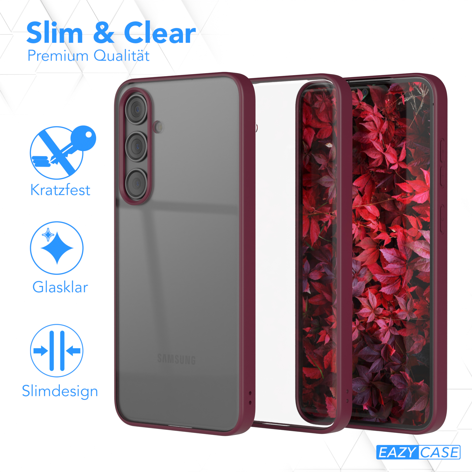 Transparente Handyhülle mit rotem Rahmen, die ein Telefon mit rotem Blattdesign zeigt.