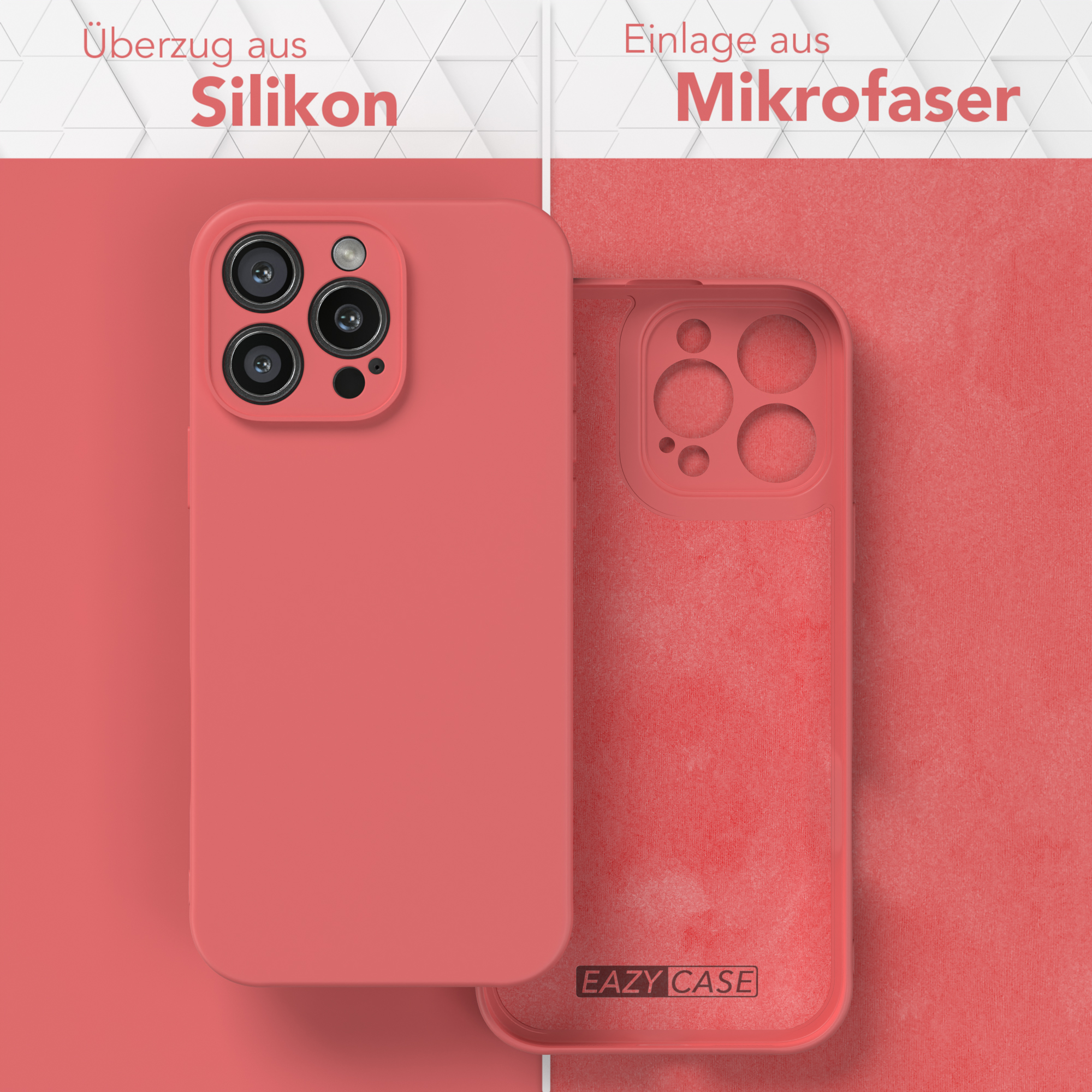 Zwei rote Handyhüllen, eine einfarbige und eine mit Mikrofaserfutter. Nebeneinander.