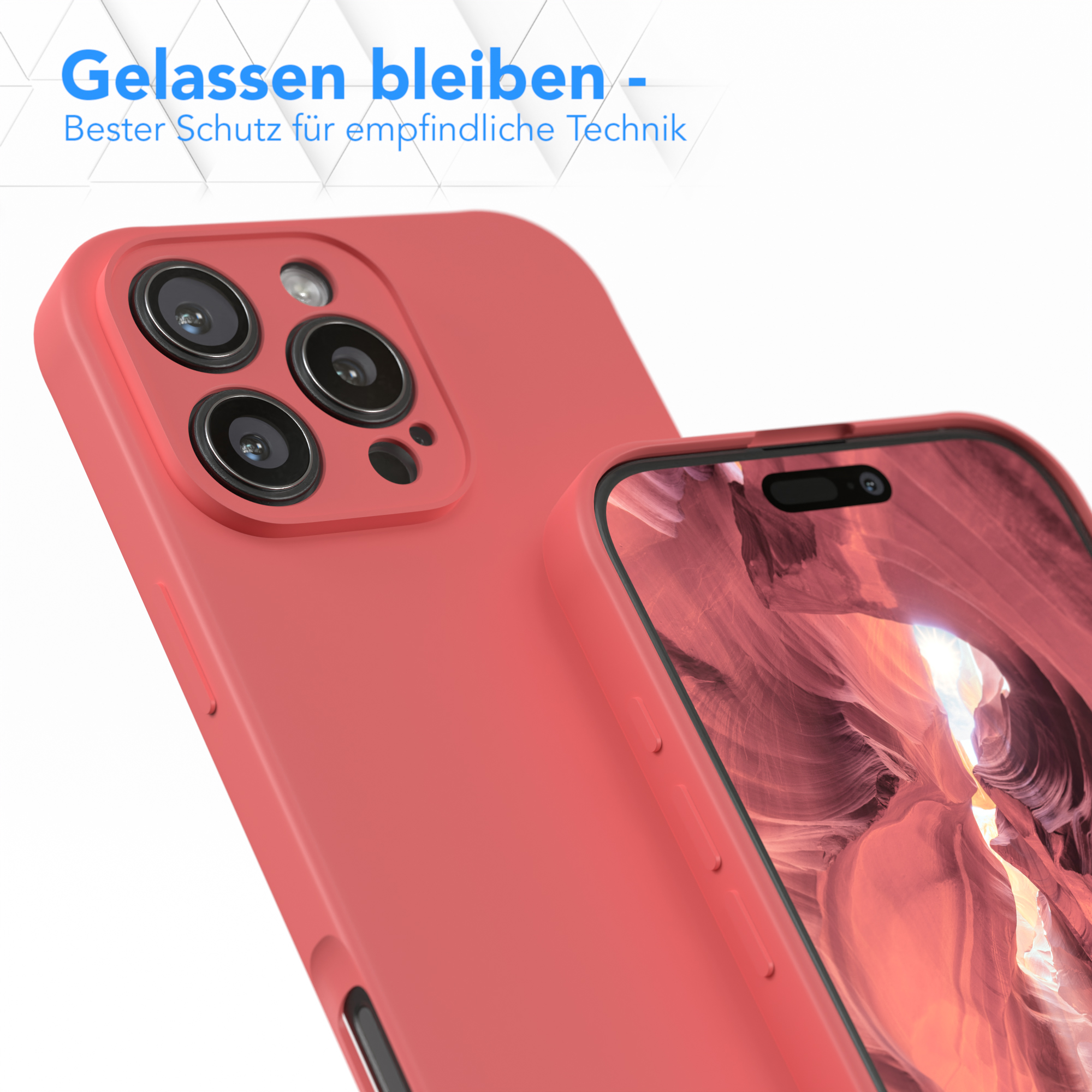 Rote Handyhülle mit Telefon und deutschem Text. Blauer Hintergrund.