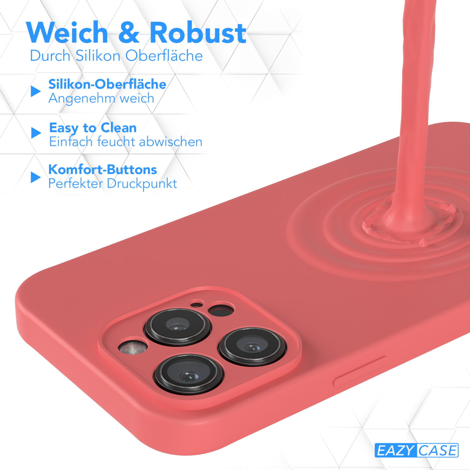 Eine rote Handyhülle mit drei Kameralöchern. Text: Weich & Robust, Silikonoberfläche.