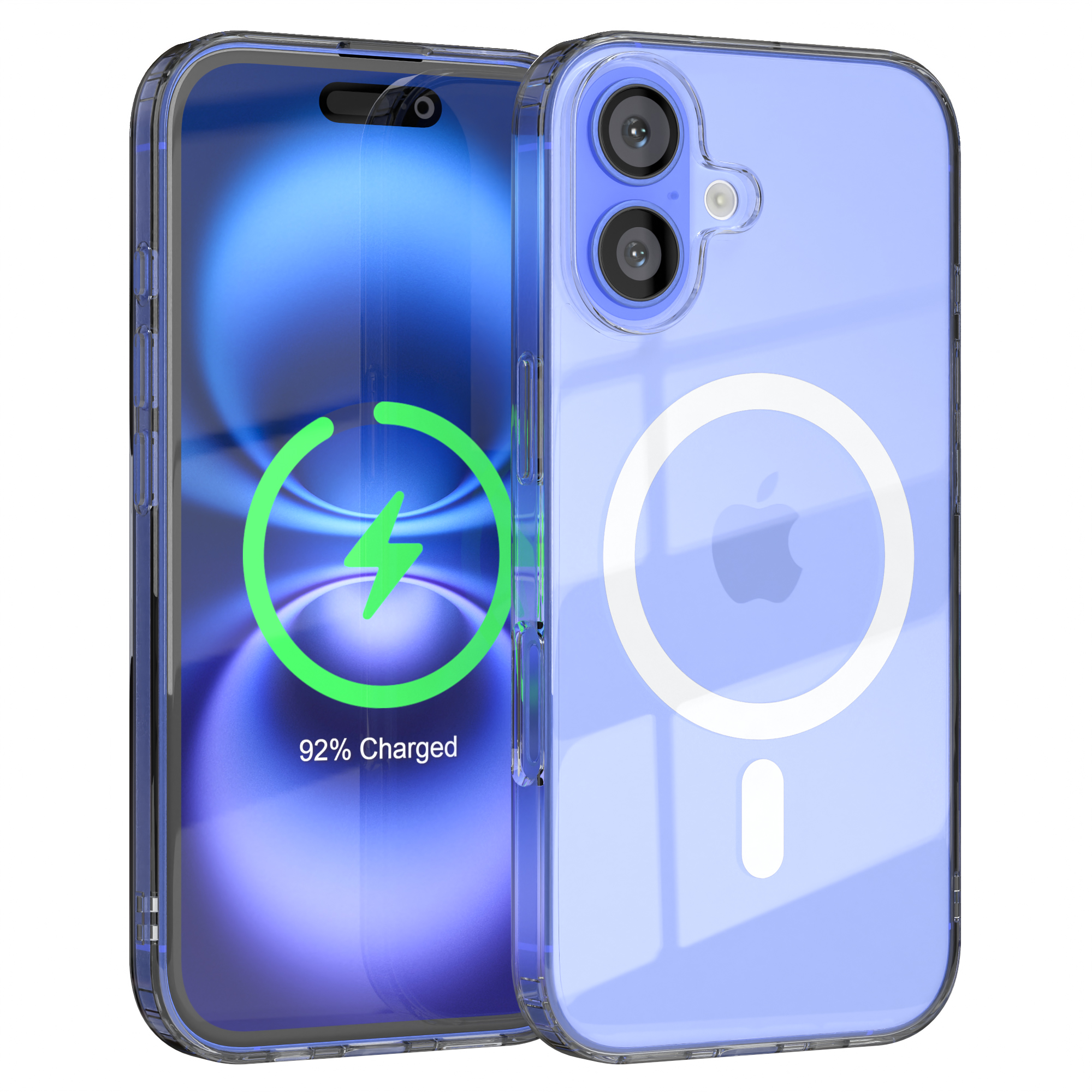 Transparente Handyhülle auf einem Handy, zeigt ein Symbol für geladene Batterie, blauer Hintergrund.
