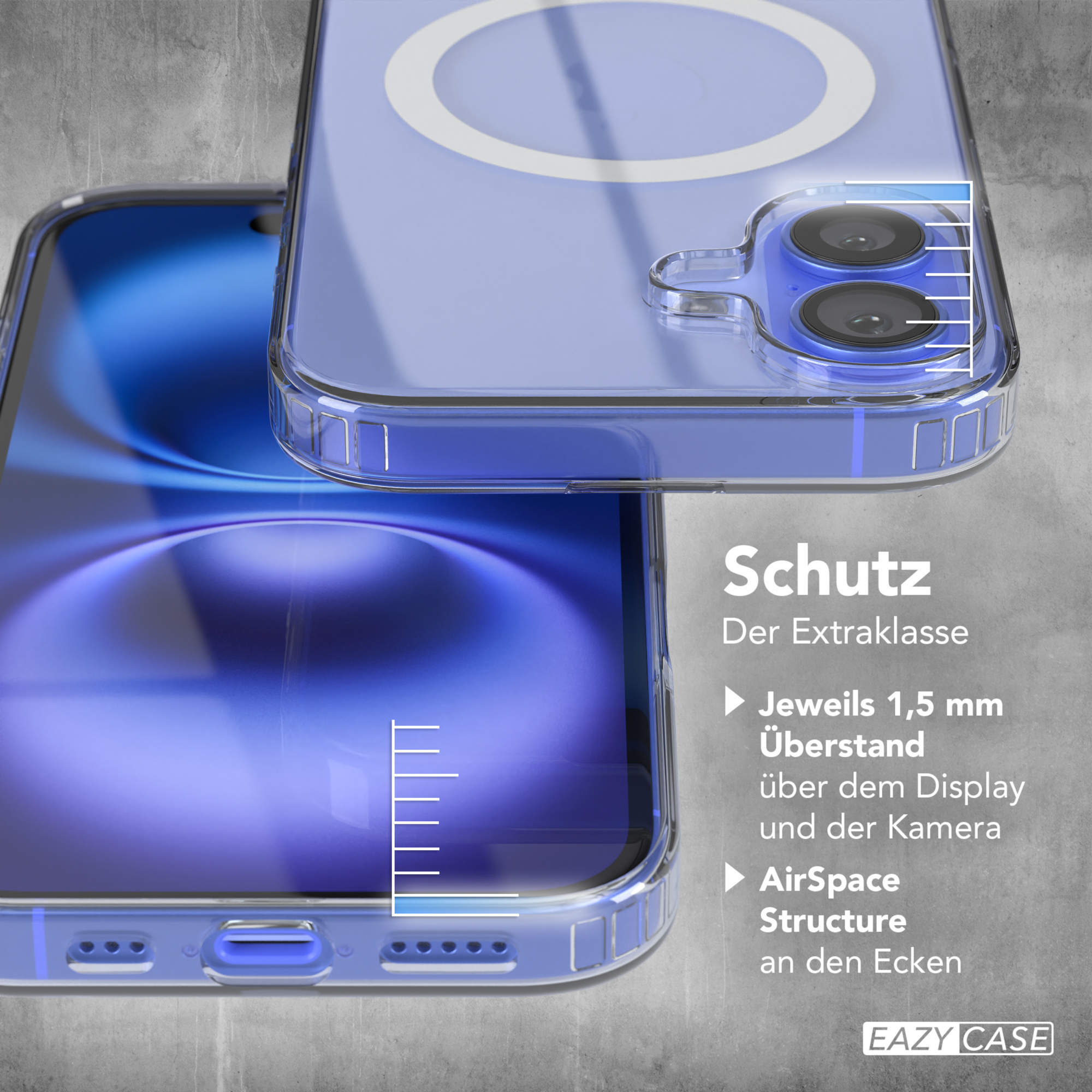 Nahaufnahme einer Handyhülle, die Schutzfunktionen mit blauem Hintergrund zeigt.