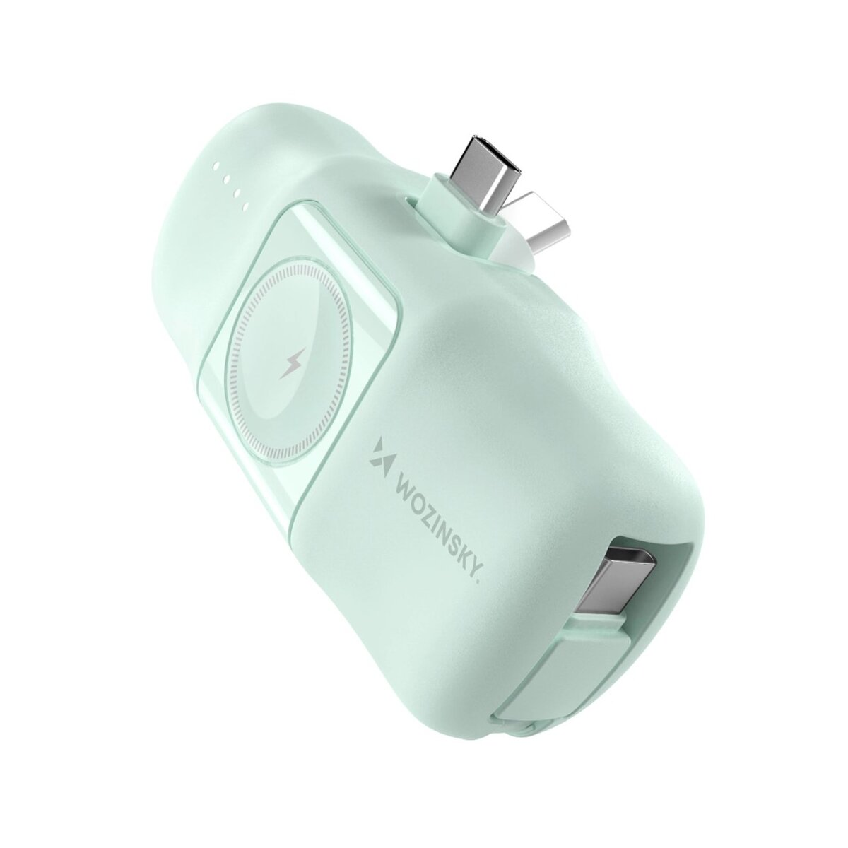 Eine mintgrüne Powerbank mit USB-C- und Lightning-Anschlüssen. Sie verfügt über einen kabellosen Ladebereich.