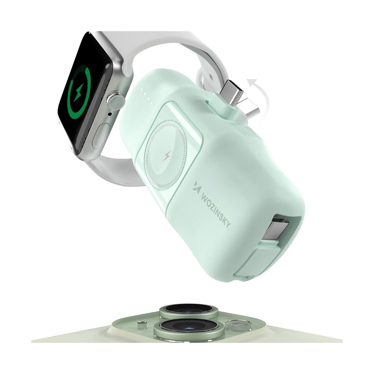 Ein mintgrüner tragbarer Ladegerät, eine Apple Watch und ein Telefon. Weißer Hintergrund.