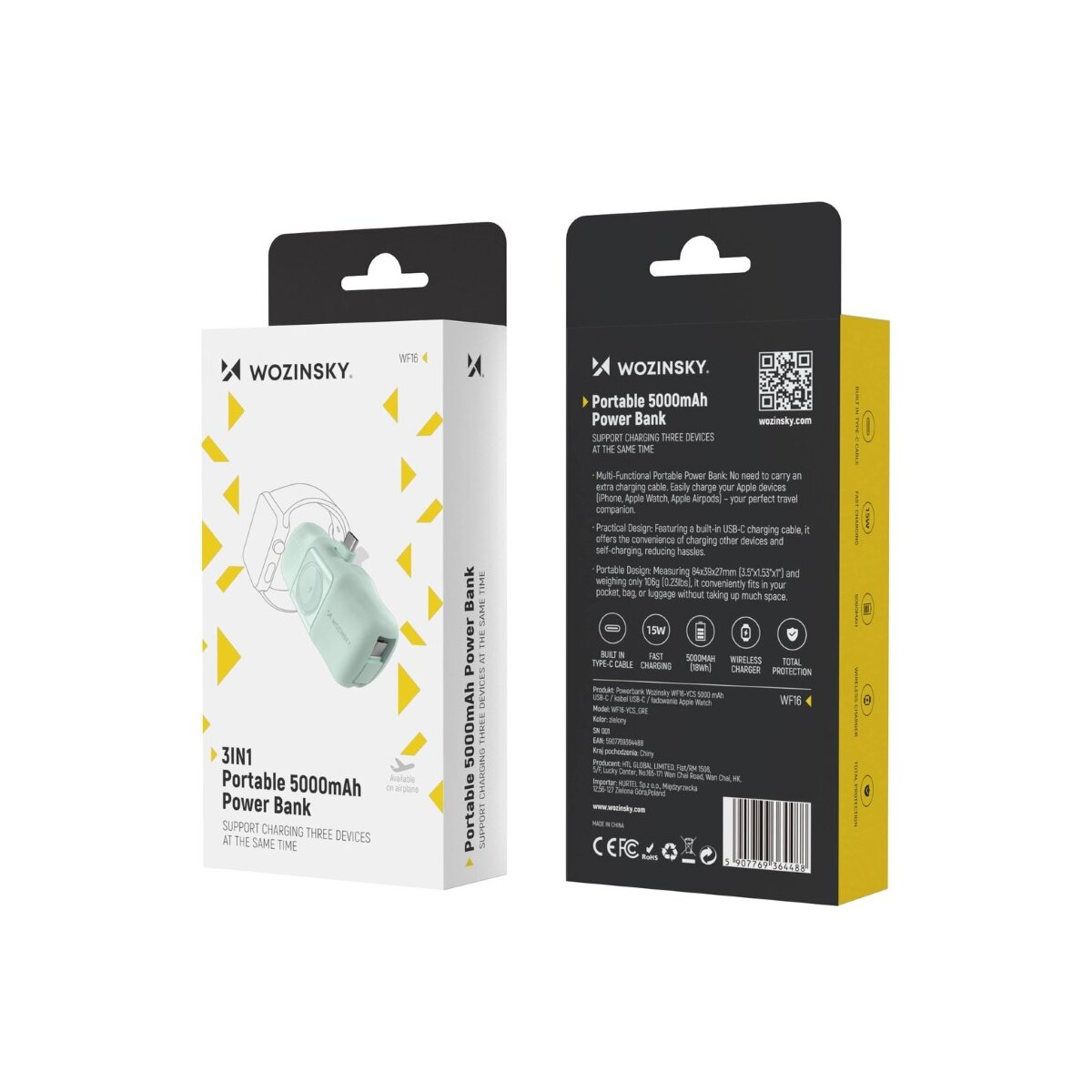 Verpackung für tragbare Powerbank. Vorderseite zeigt ein mintgrünes Gerät. Rückseite Details zu Funktionen und Spezifikationen.