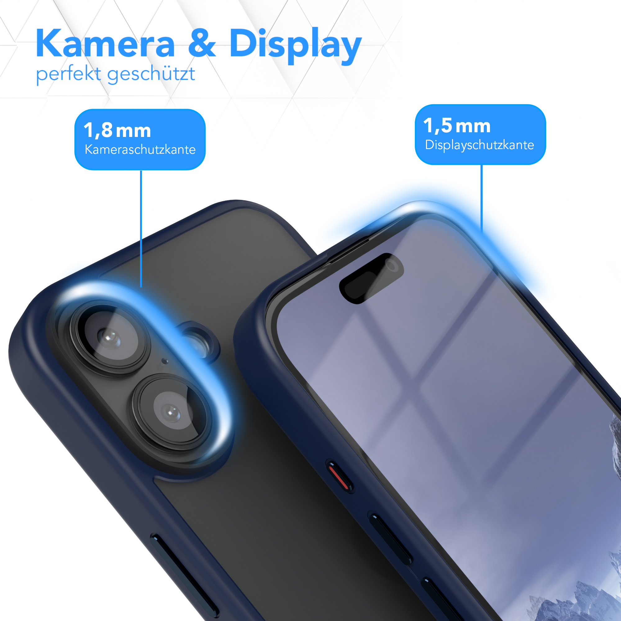 Handyhülle auf einem Telefon. Nahaufnahme. Blauer Rahmen. Zeigt Kamera- und Bildschirmschutz.