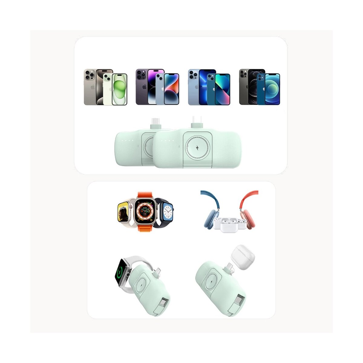 Verschiedene Tech-Gadgets: Telefone, Ladegeräte, Kopfhörer und kabellose Ladegeräte. Heller, weißer Hintergrund.