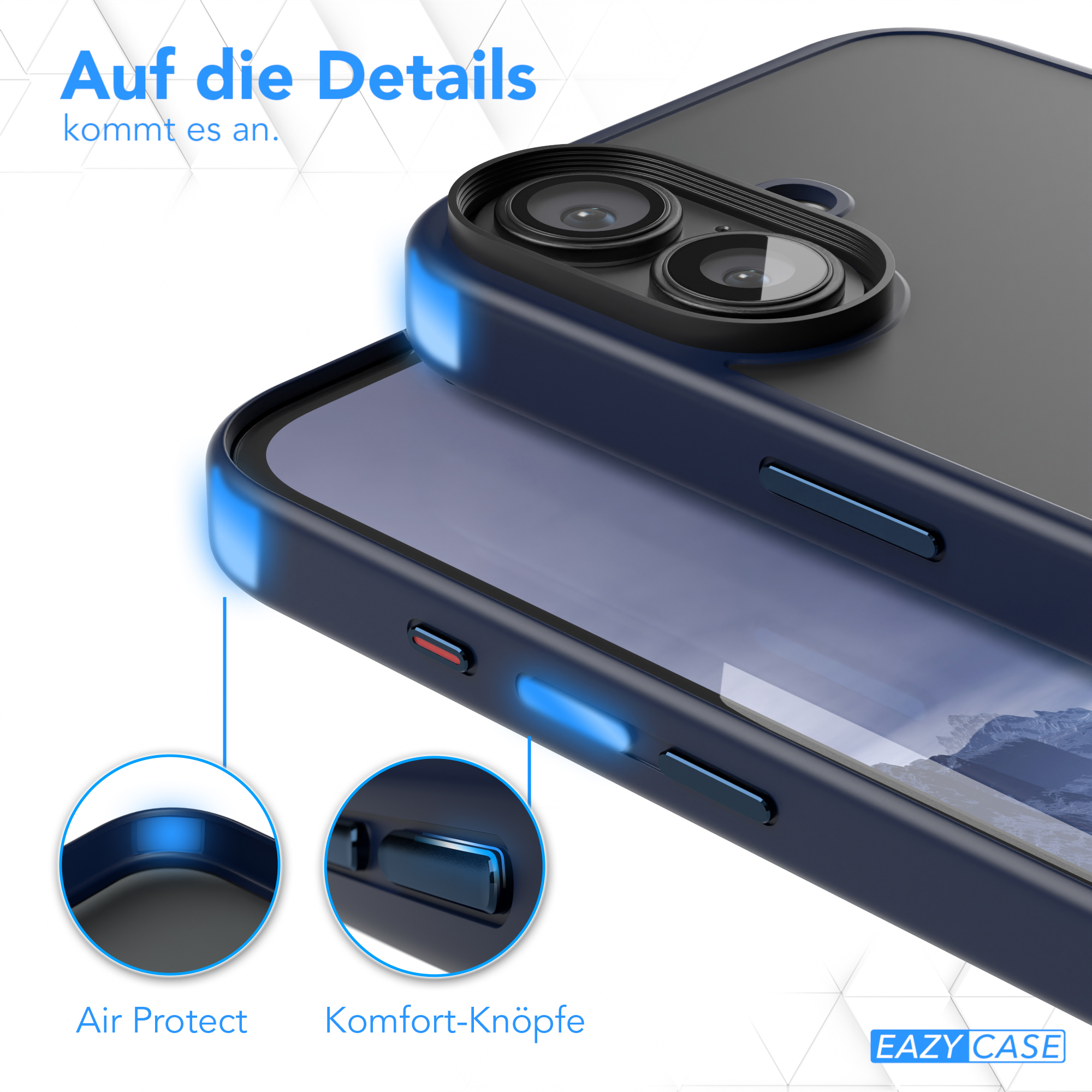 Nahaufnahme einer Handyhülle. Zwei Knopfflächen sind blau markiert. Text: Air Protect, Komfort-Knöpfe.