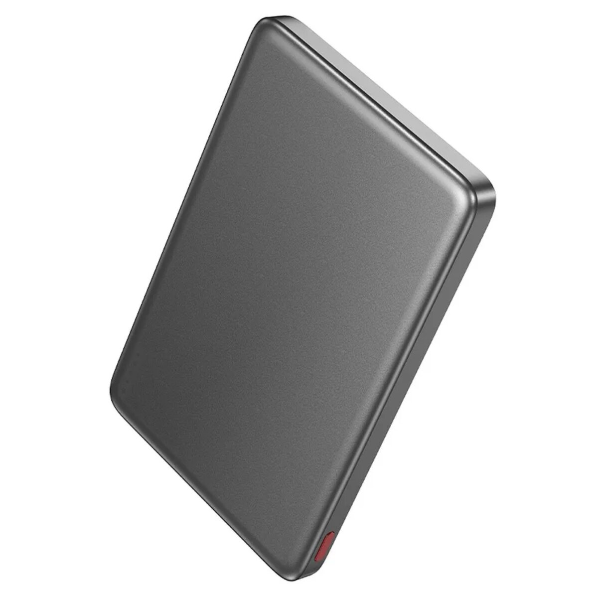 Eine dunkelgraue, rechteckige Powerbank.