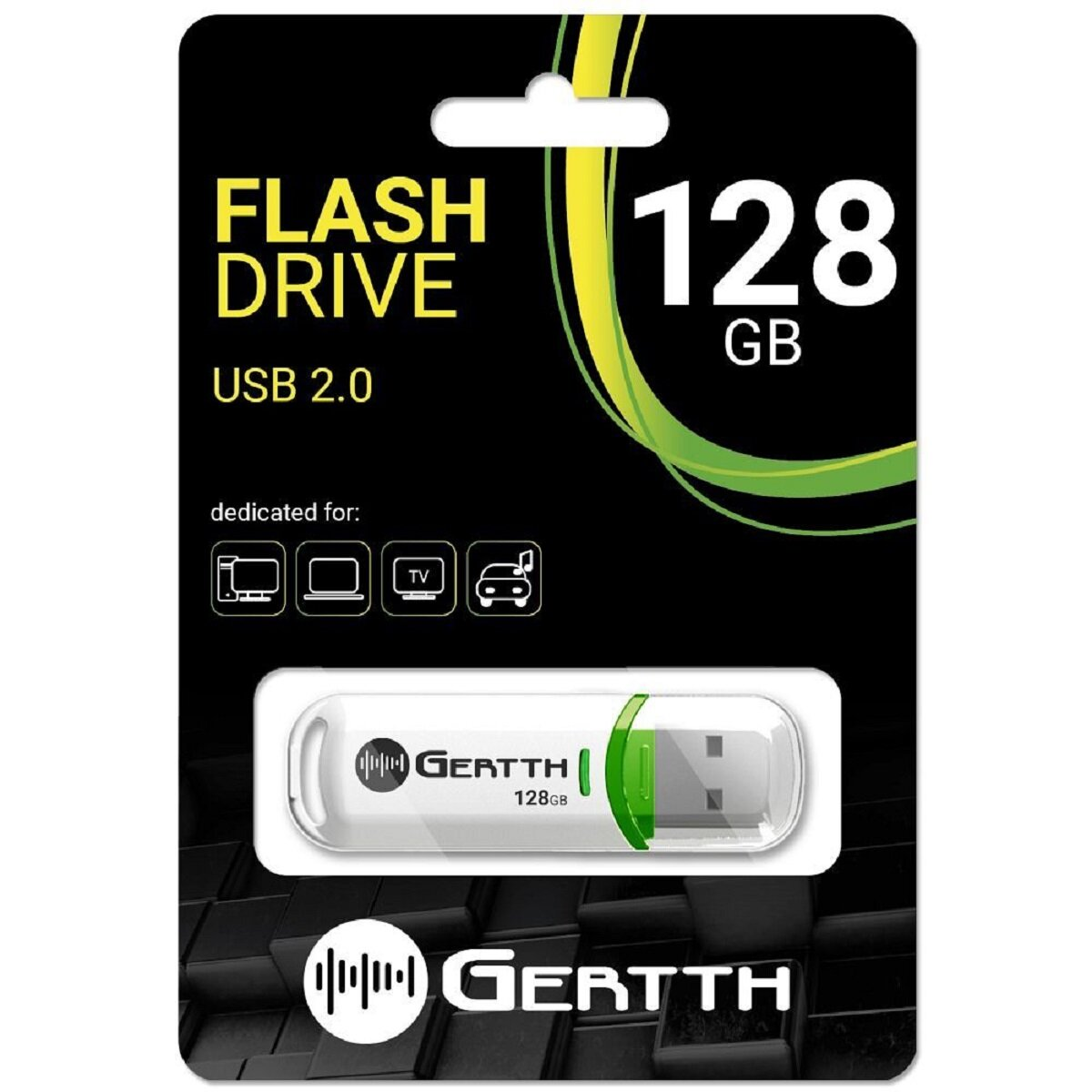Flash-Laufwerk-Paket auf weißem Hintergrund mit einem USB-Laufwerk im Inneren und Text auf dem Paket.