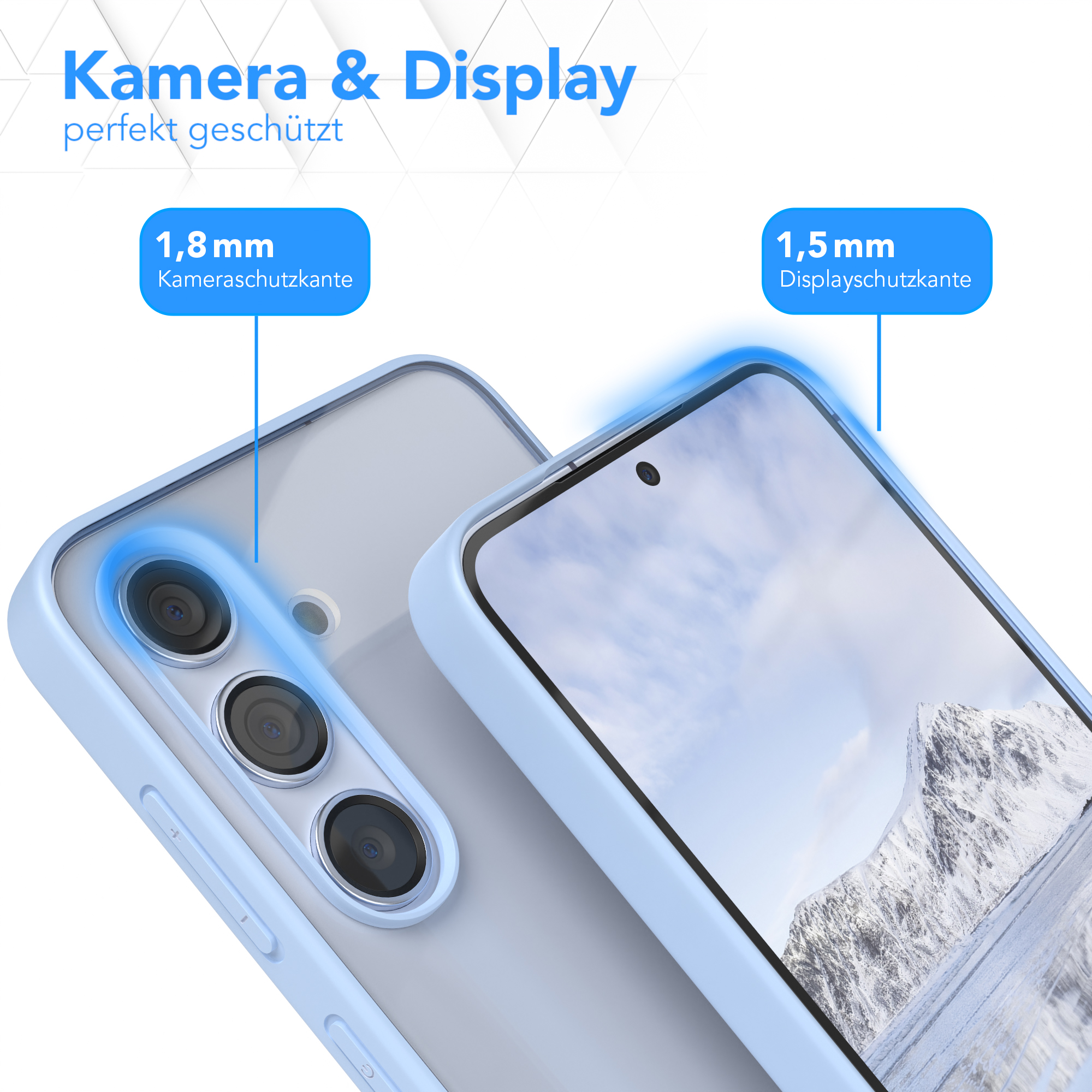 Nahaufnahme einer Handyhülle, die Kamera und Display schützt. Text zeigt Schutzfunktionen.