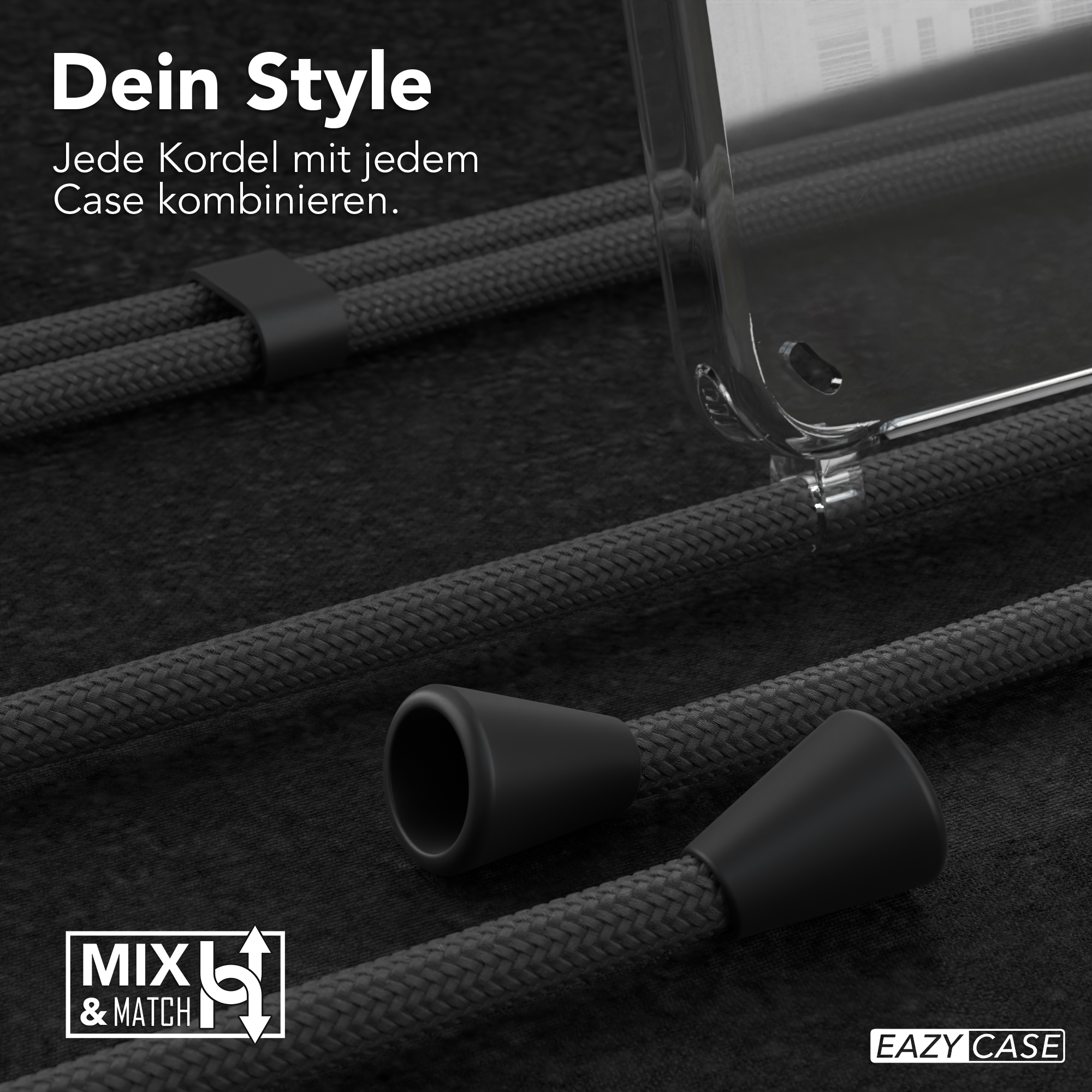 Nahaufnahme von Handyhülle und schwarzen Kordeln auf dunklem Stoff. Text: Dein Style.