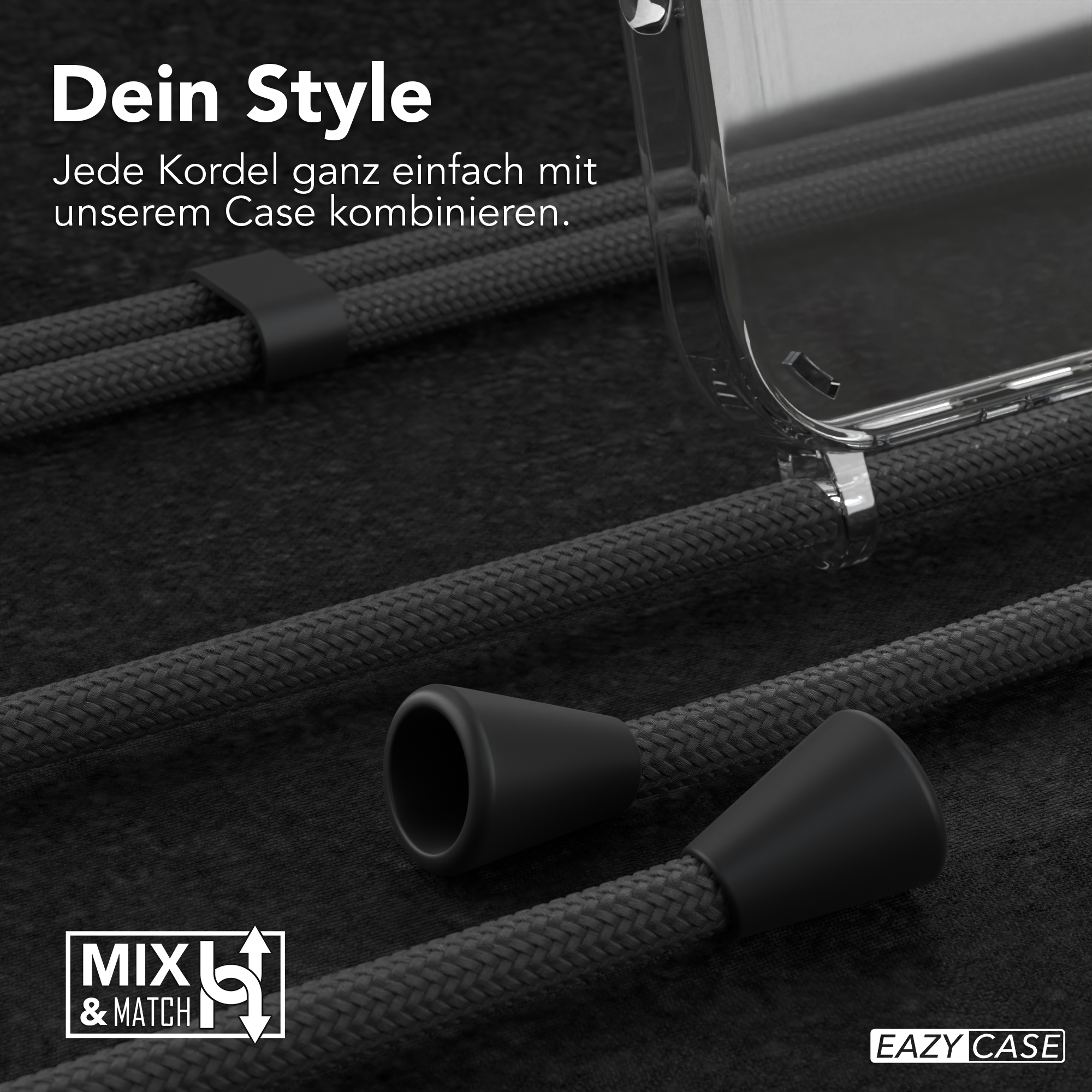 Ein schwarzes Kabel mit schwarzen Kunststoffenden. Text: 'Dein Style' und 'Mix & Match'.