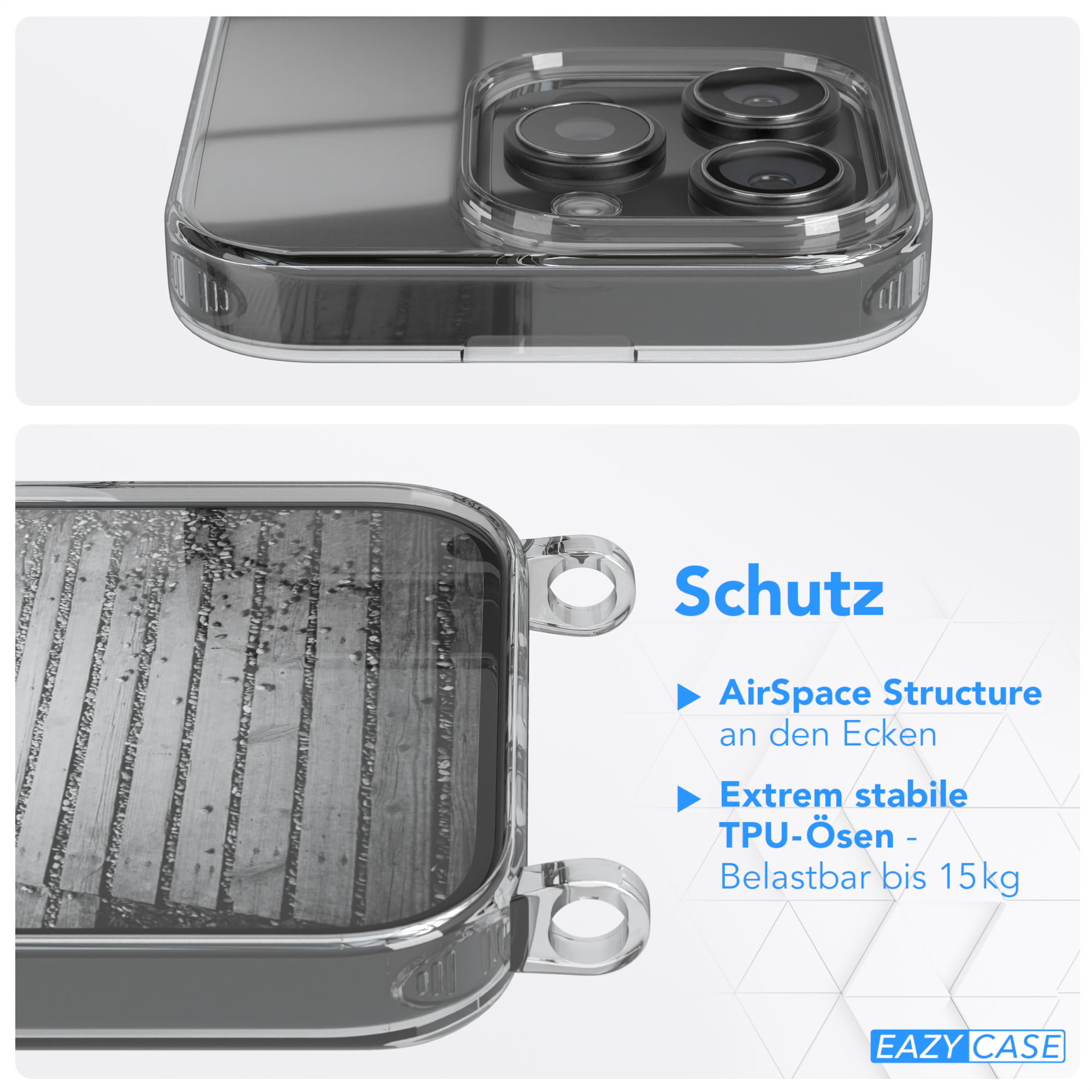 Transparente Handyhülle, die ihr Design mit einer Nahaufnahme der Ecken zeigt.