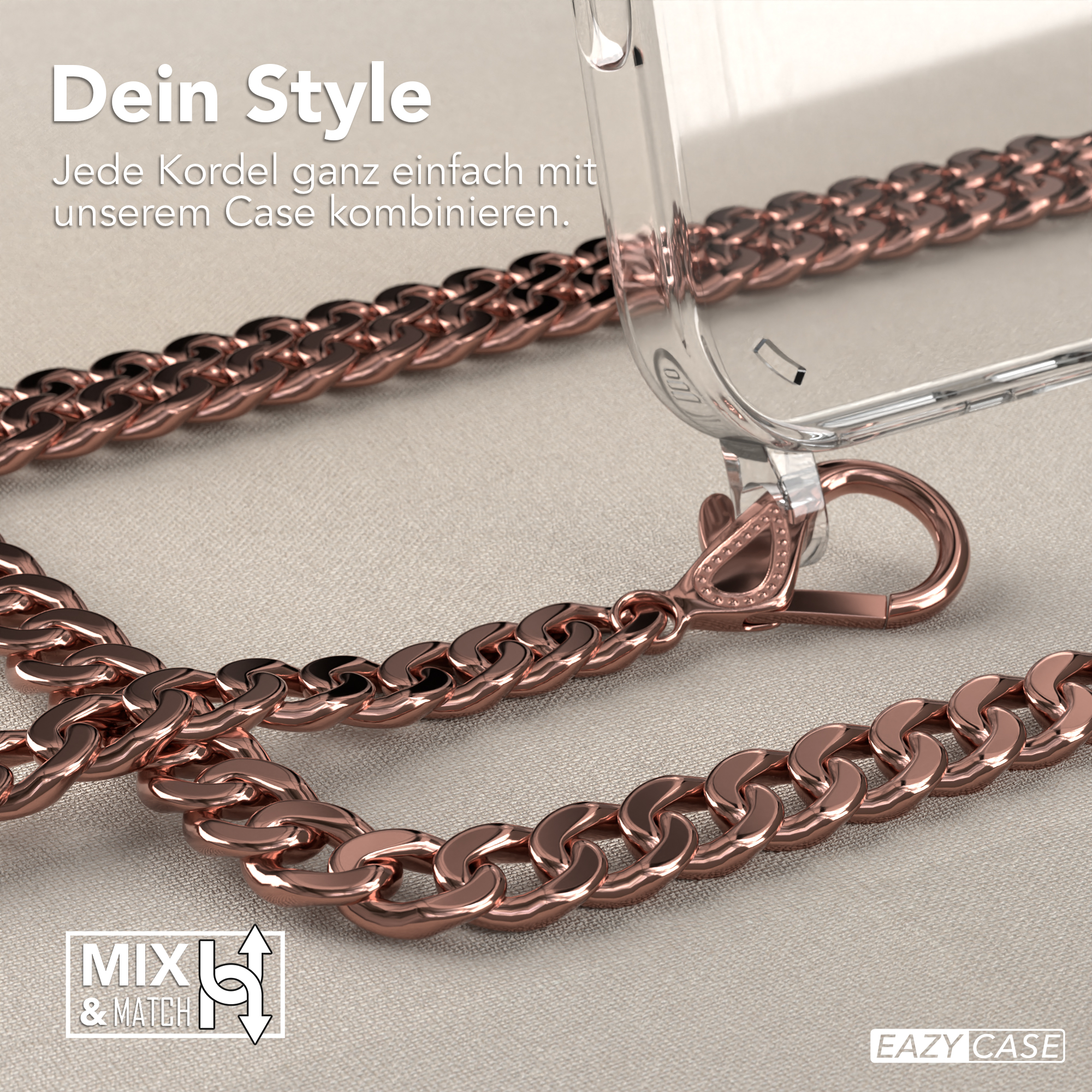 Eine roségoldene Kette mit einer Handyhülle und einer transparenten Handyhülle mit roségoldener Kette.
