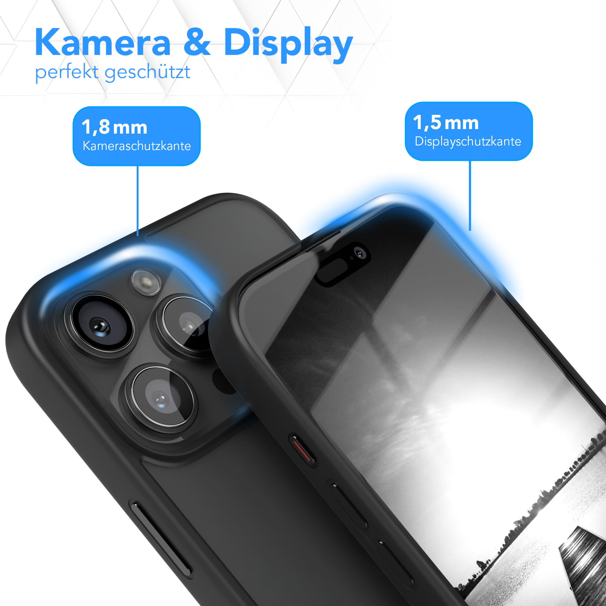 Schwarze Handyhülle mit Kamera- und Displayschutz. Blaue Akzente und Text sind vorhanden.