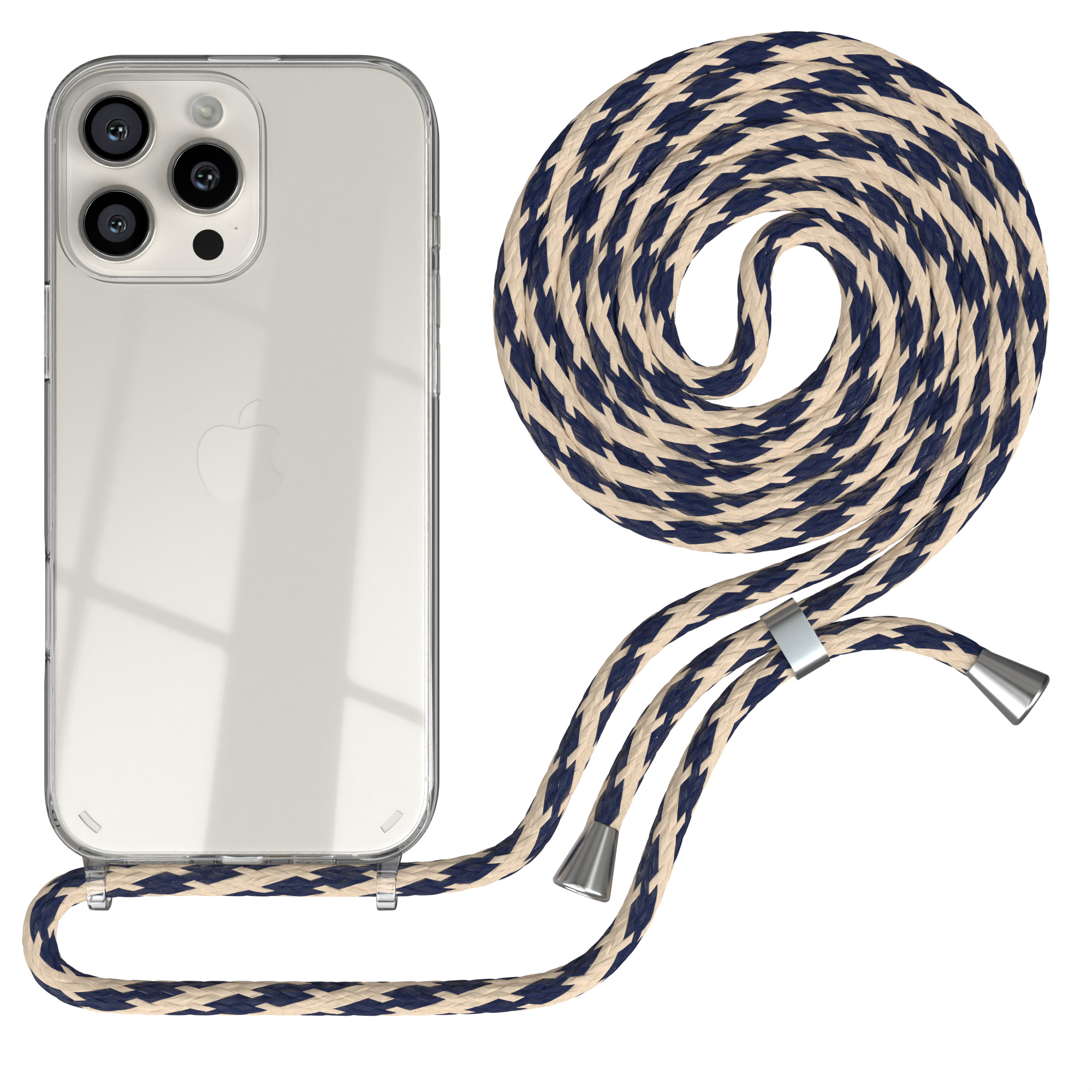 Transparente Handyhülle mit Handy und blau-beigem Trageriemen. Der Riemen ist gemustert.