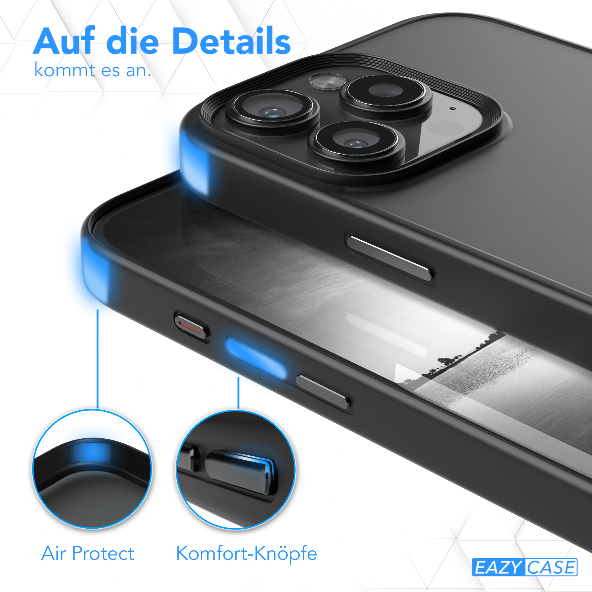 Schwarze Handyhülle auf weißer Oberfläche, zwei Nahaufnahmen zeigen Kantenschutz und Komforttasten.