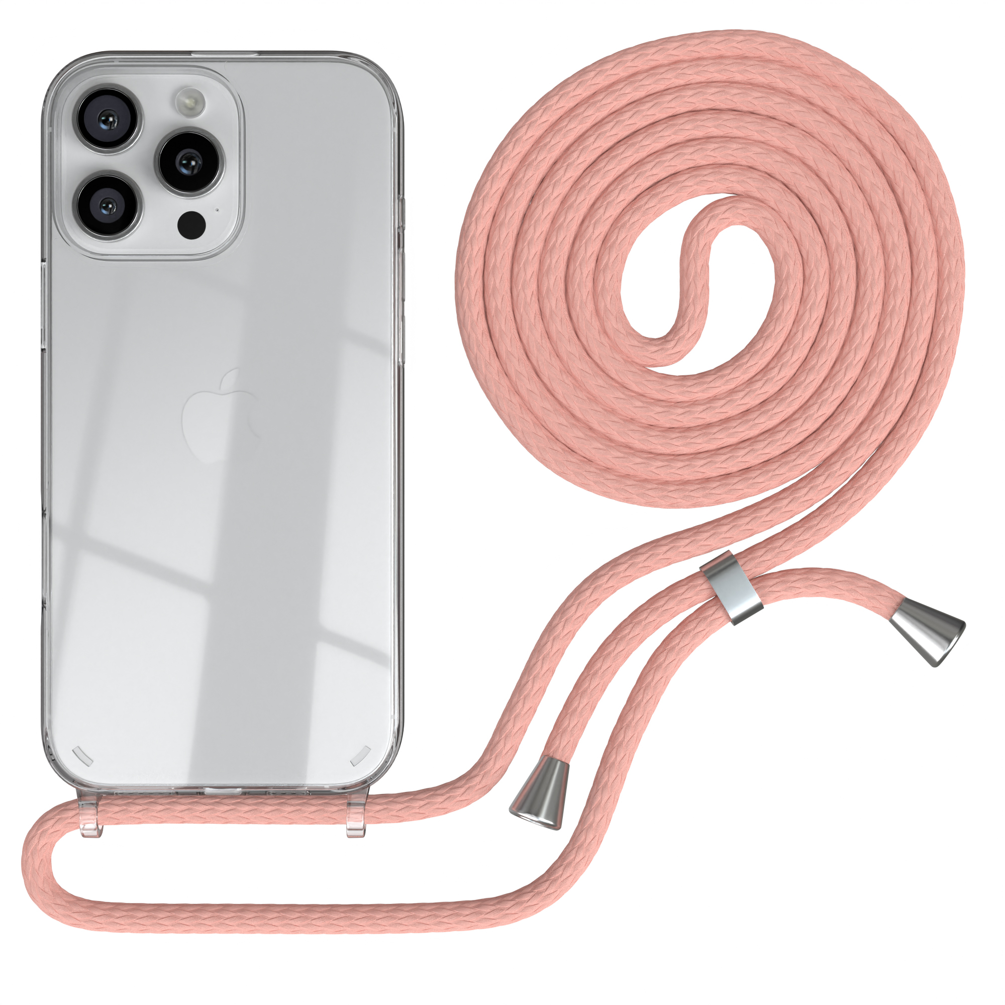 Eine transparente Handyhülle mit rosa Kordel wird gezeigt. Das Telefon hat drei Kameras. Der Hintergrund ist weiß.