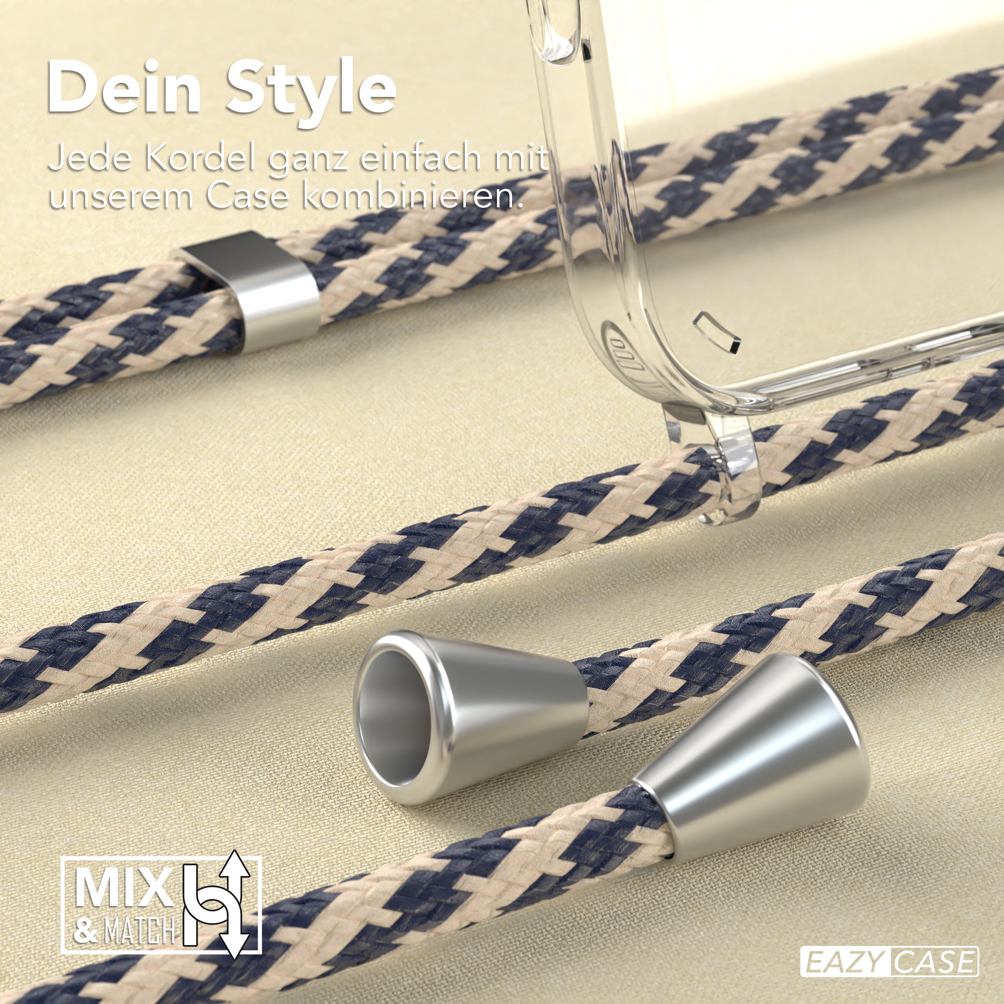 Nahaufnahme von Handyhüllen-Gurt und Verbindungspunkten. Blau-weiß geflochtenes Muster. Glänzende Metallteile.