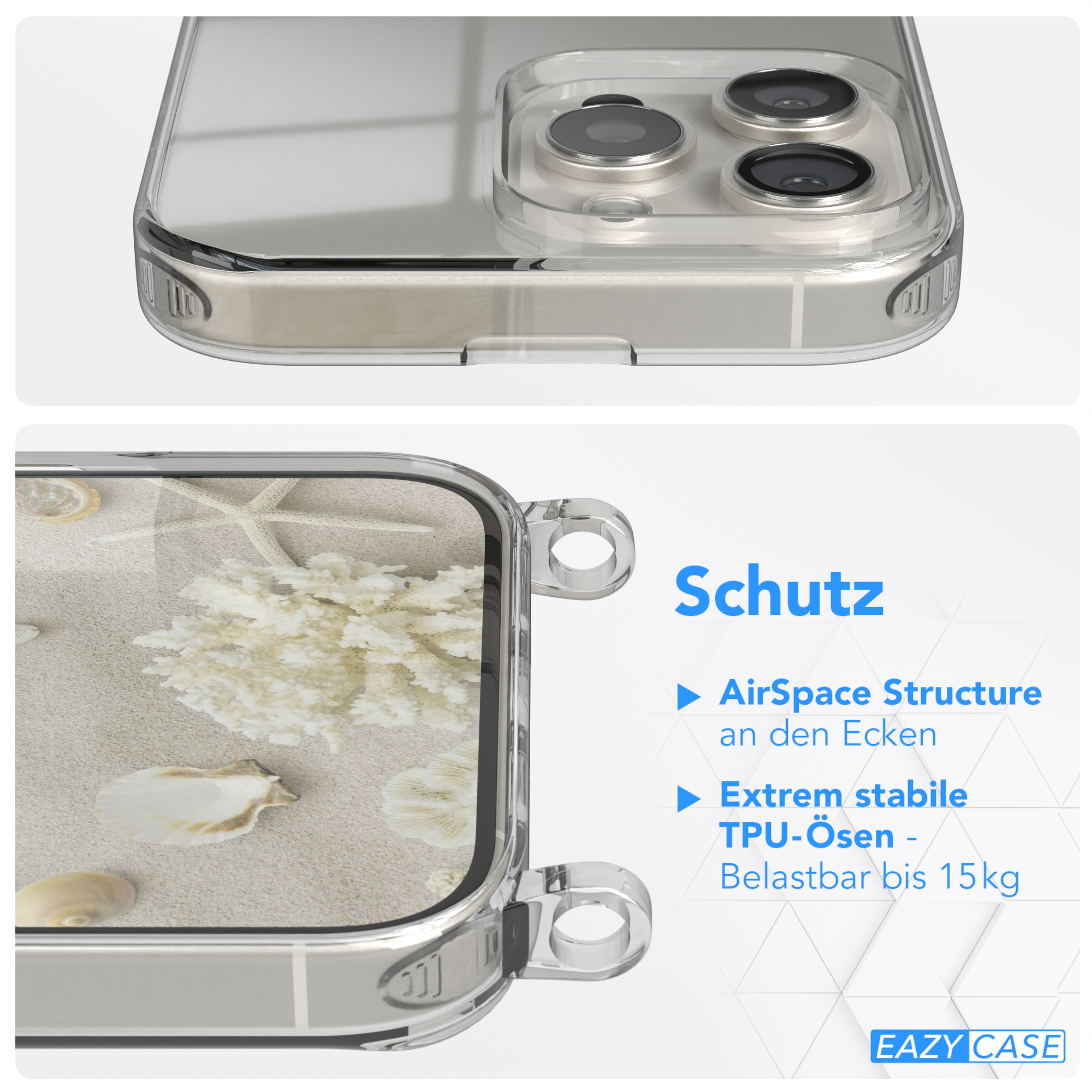Transparente Handyhülle mit Sand- und Muschelszene. Die Hülle hat verstärkte Ecken.