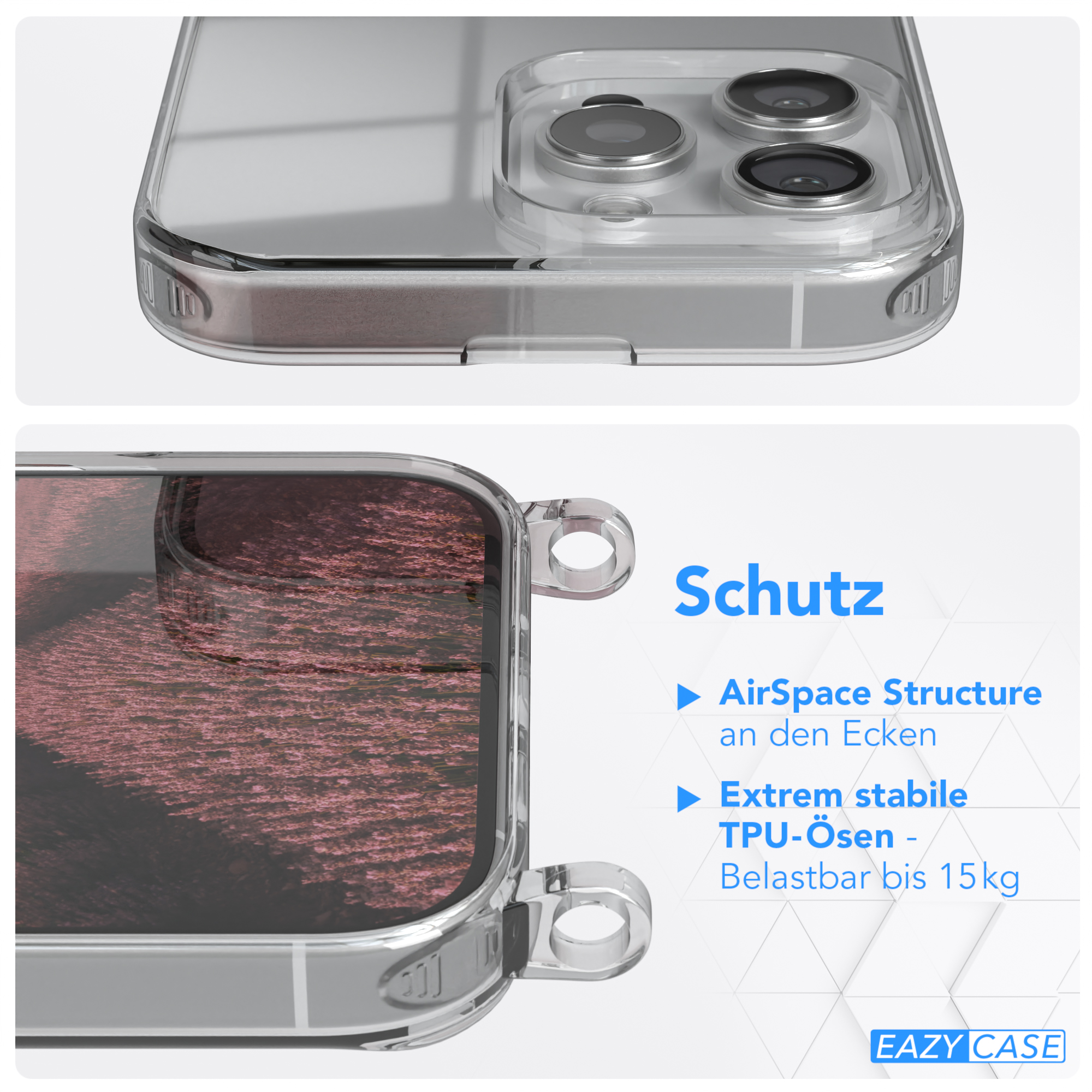 Transparente Handyhülle. Nahaufnahme. Text rechts, 