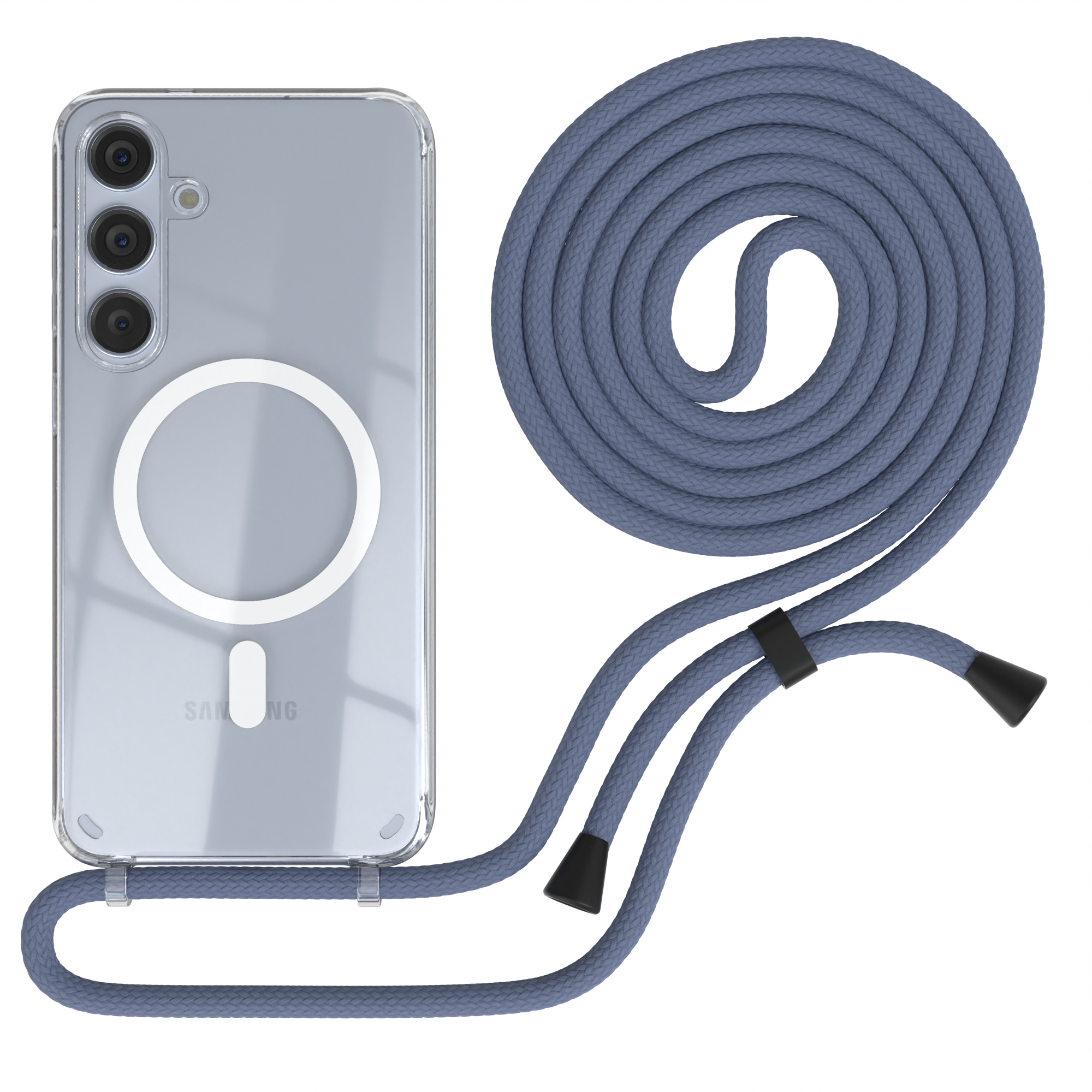 Ein Telefon mit einem blauen Seilriemen. Das Telefon ist transparent und hat einen weißen Kreis auf der Rückseite. Der Riemen ist blau.