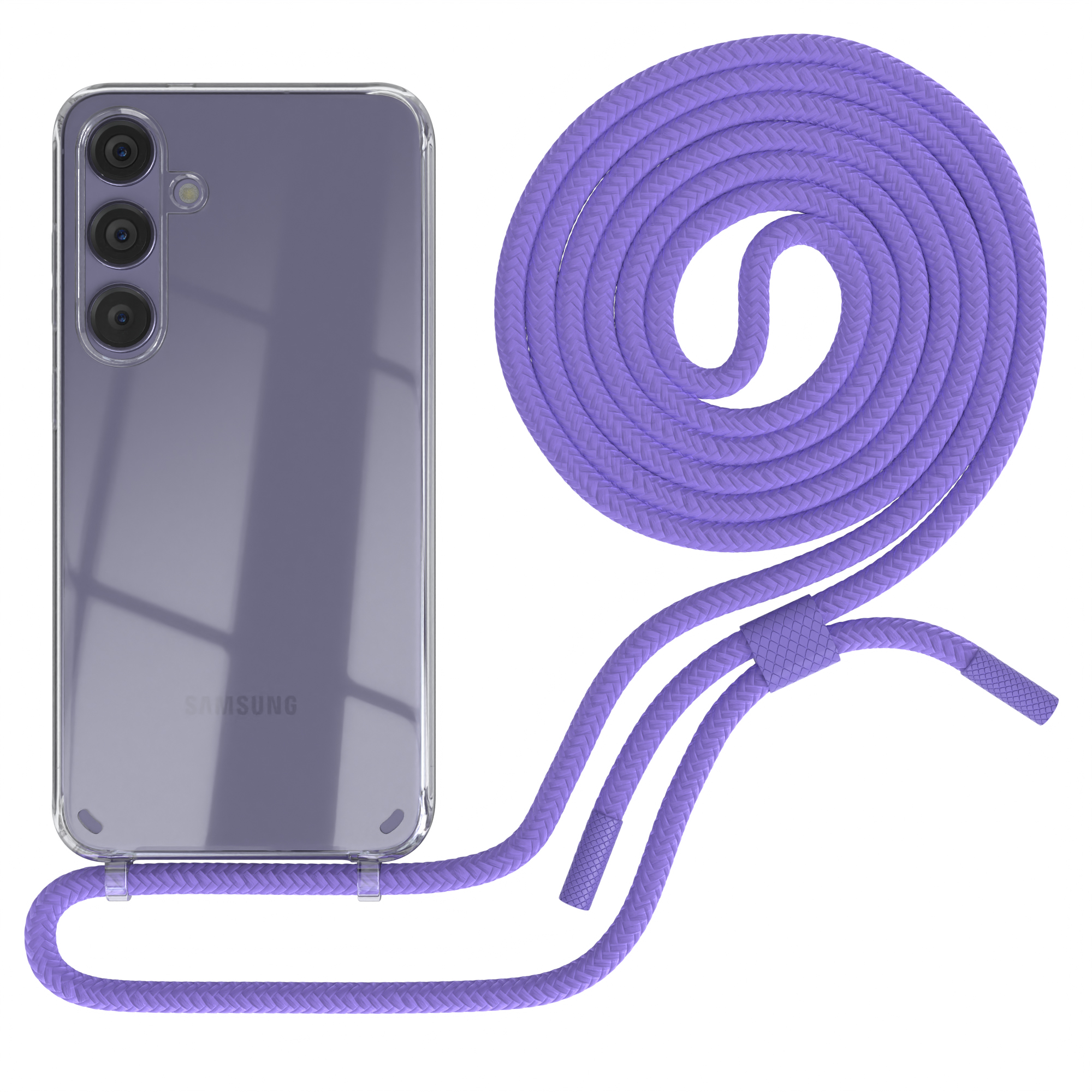 Transparente Handyhülle mit lila Kordel. Das Telefon hat einen Magnetring und drei Kameras.