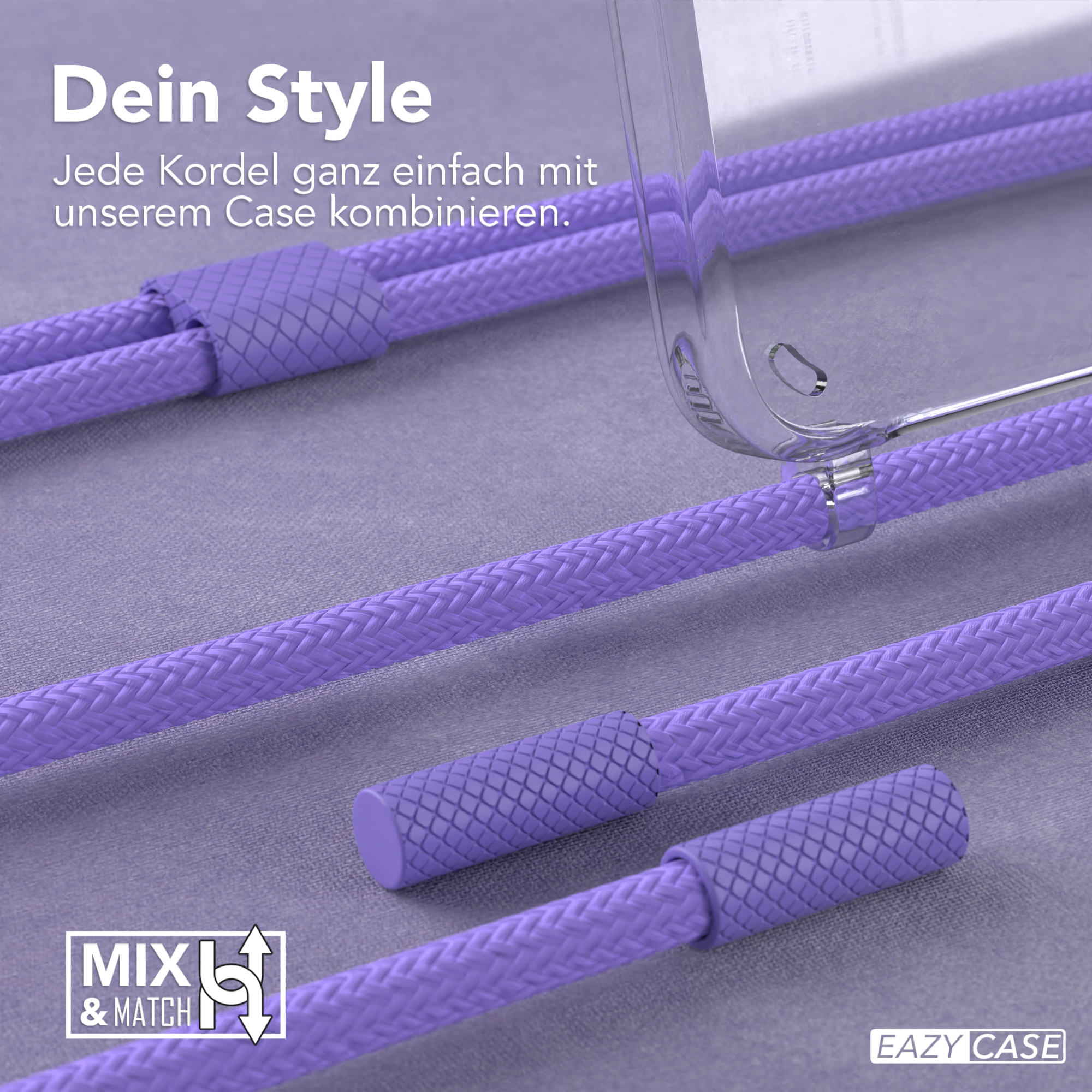 Nahaufnahme einer lila Telefonschnur. Eine klare Handyhülle und das Mix & Match-Logo sind ebenfalls sichtbar.