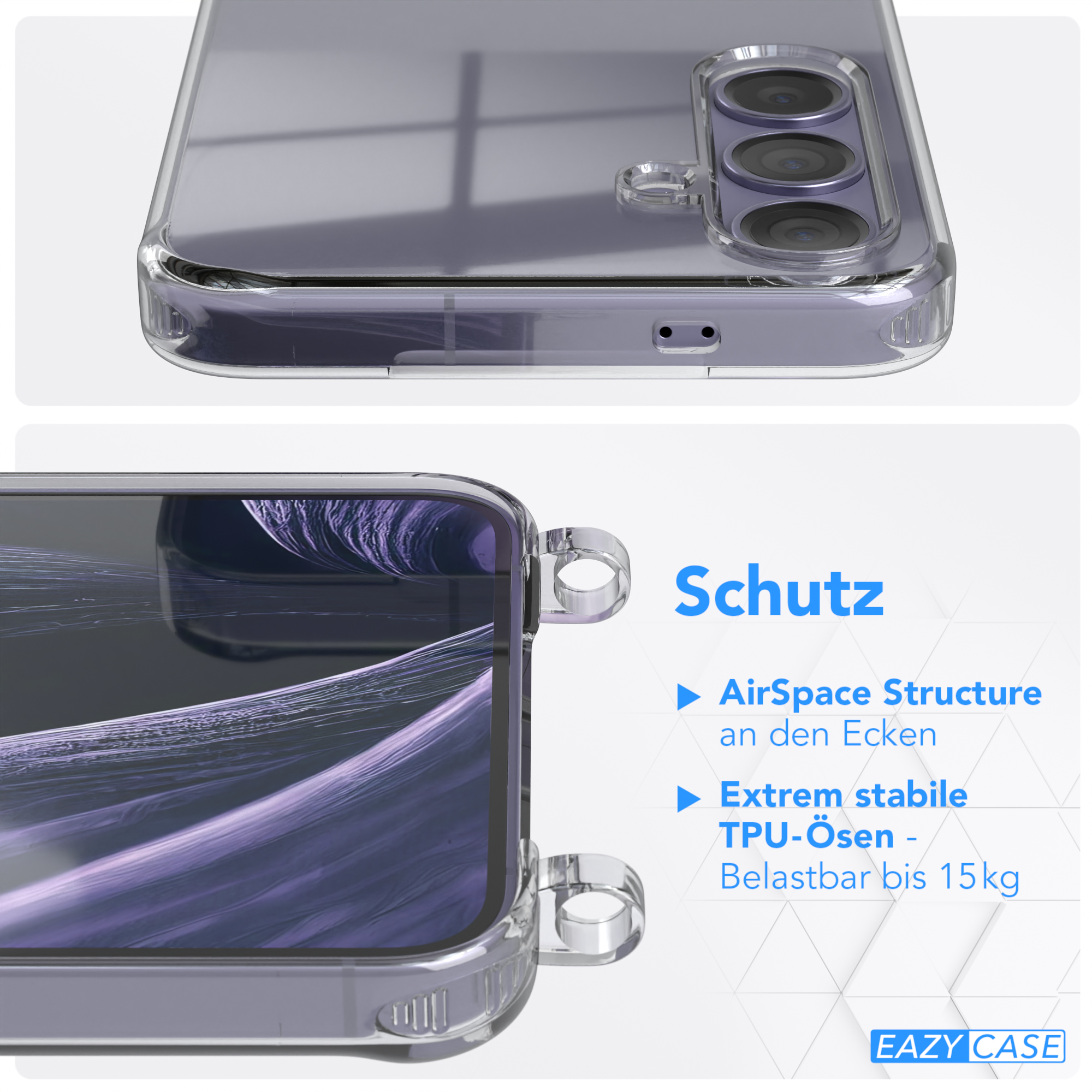 Eine transparente Handyhülle mit Telefon, zeigt Kamera und Kanten.