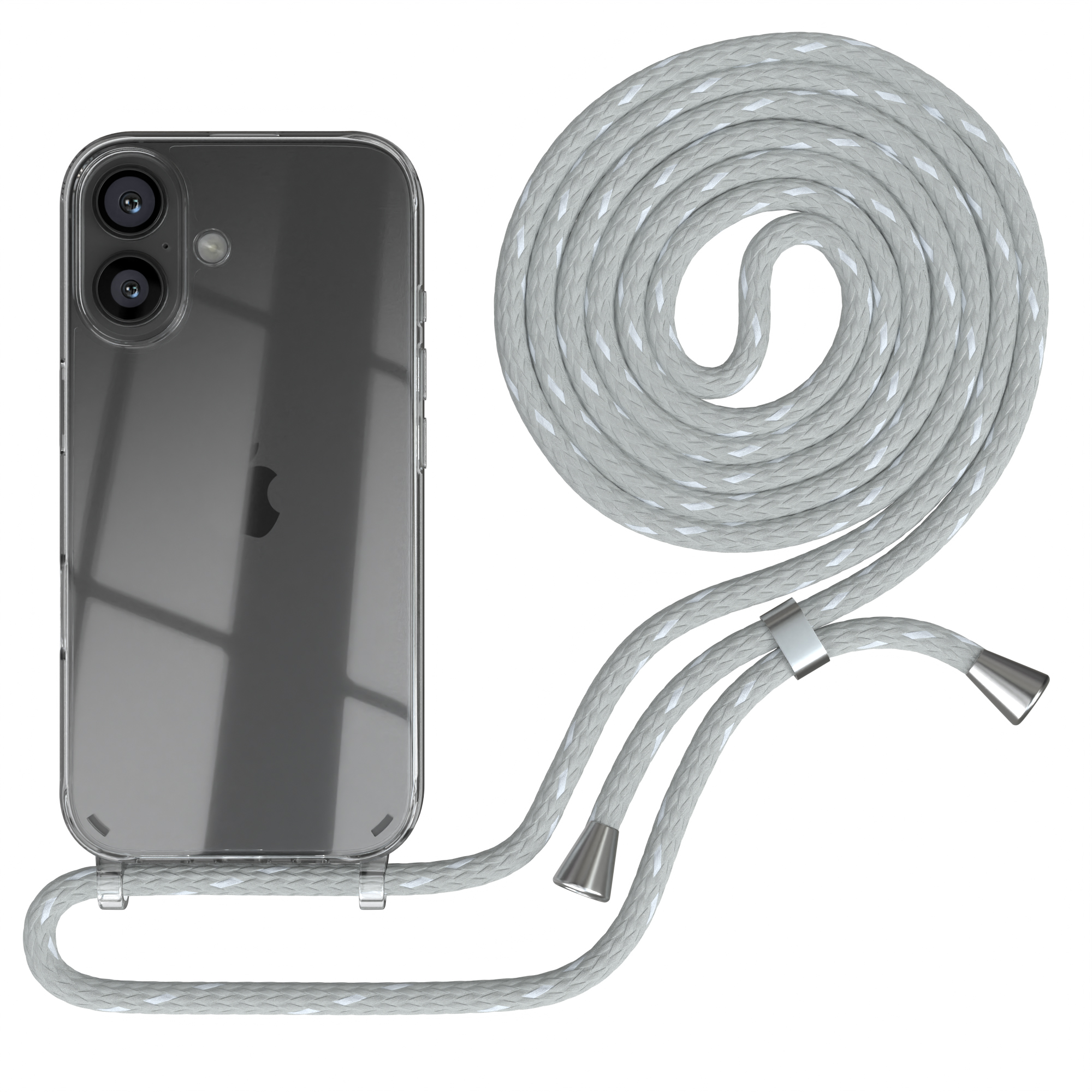 Transparente Handyhülle mit grauem Seil. Rückseite des Telefons sichtbar, mit aufgerolltem Seil daneben.