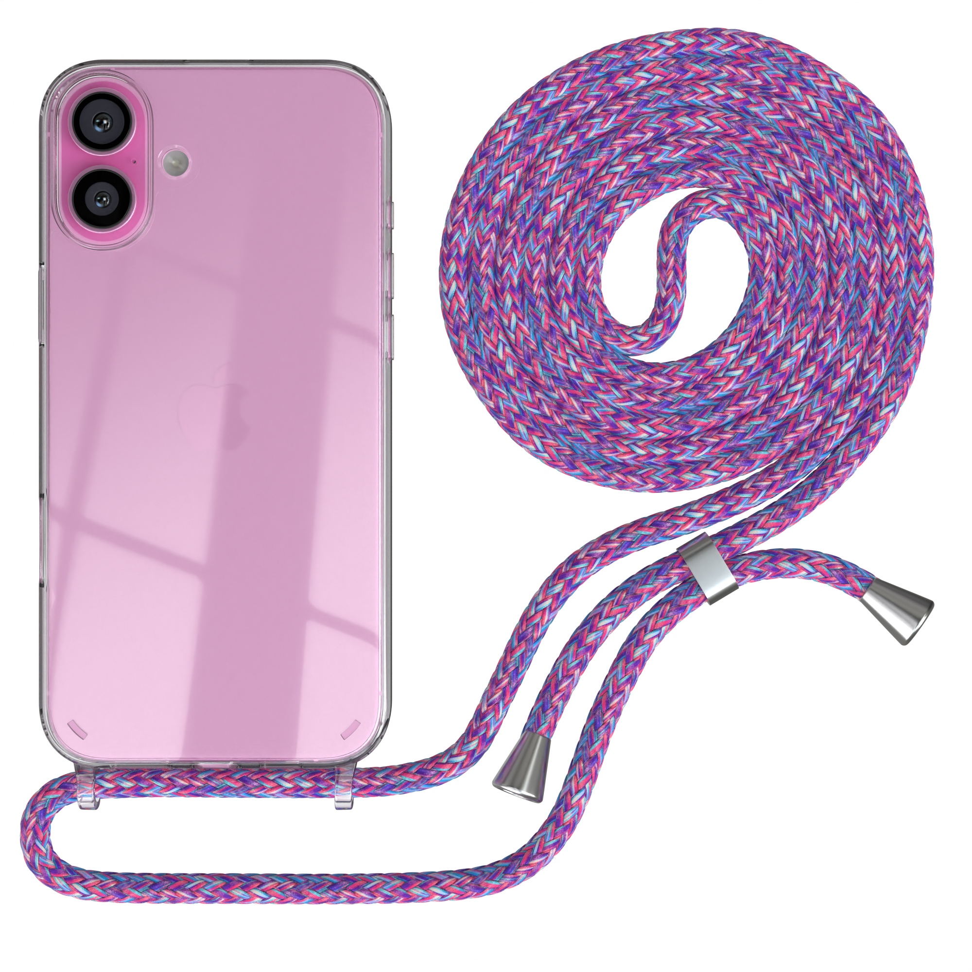 Telefon mit klarer Hülle und pinkem geflochtenem Umhängeband.