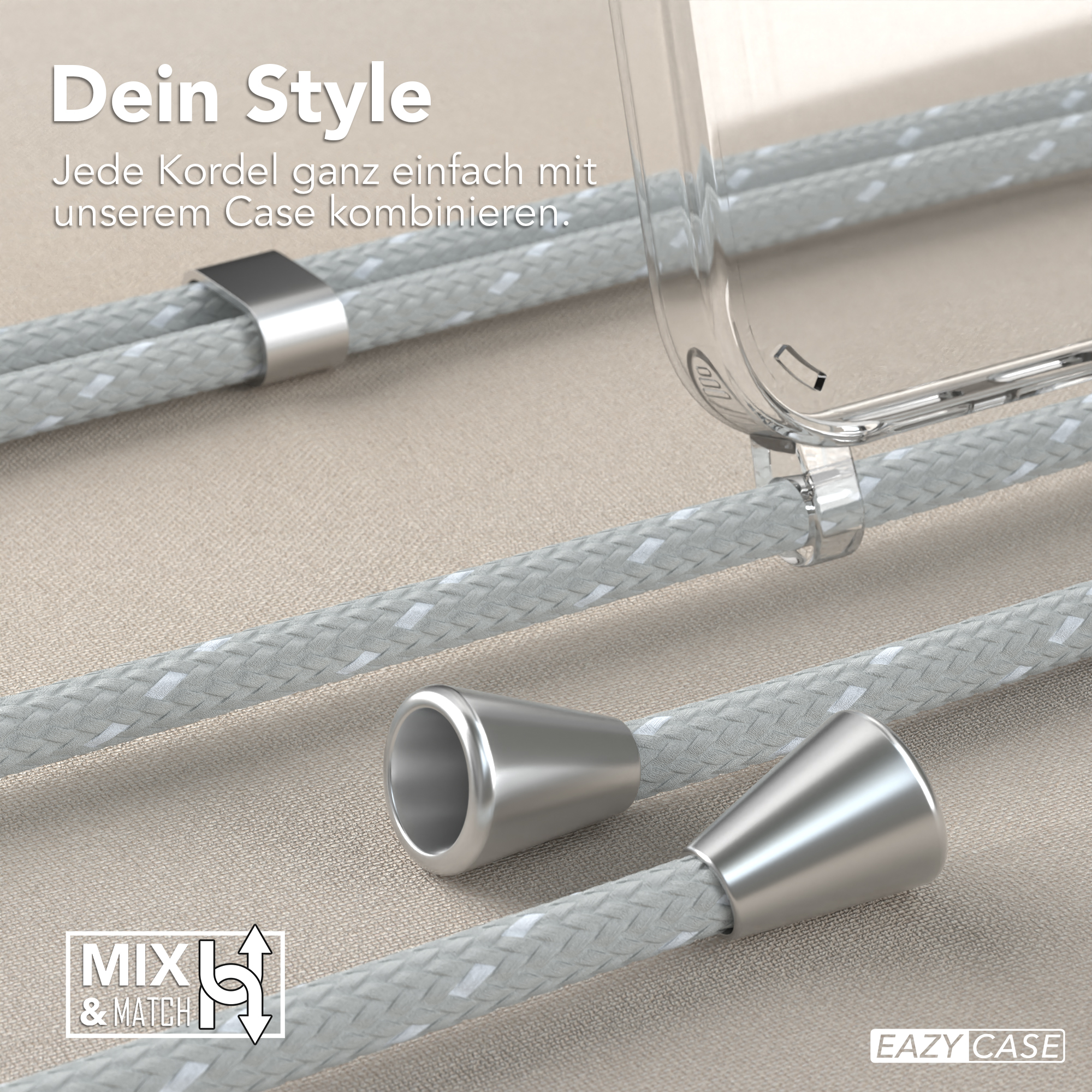 Eine Handyhülle mit Lanyard, Nahaufnahme-Details von Kordel und Metallteilen zeigend.