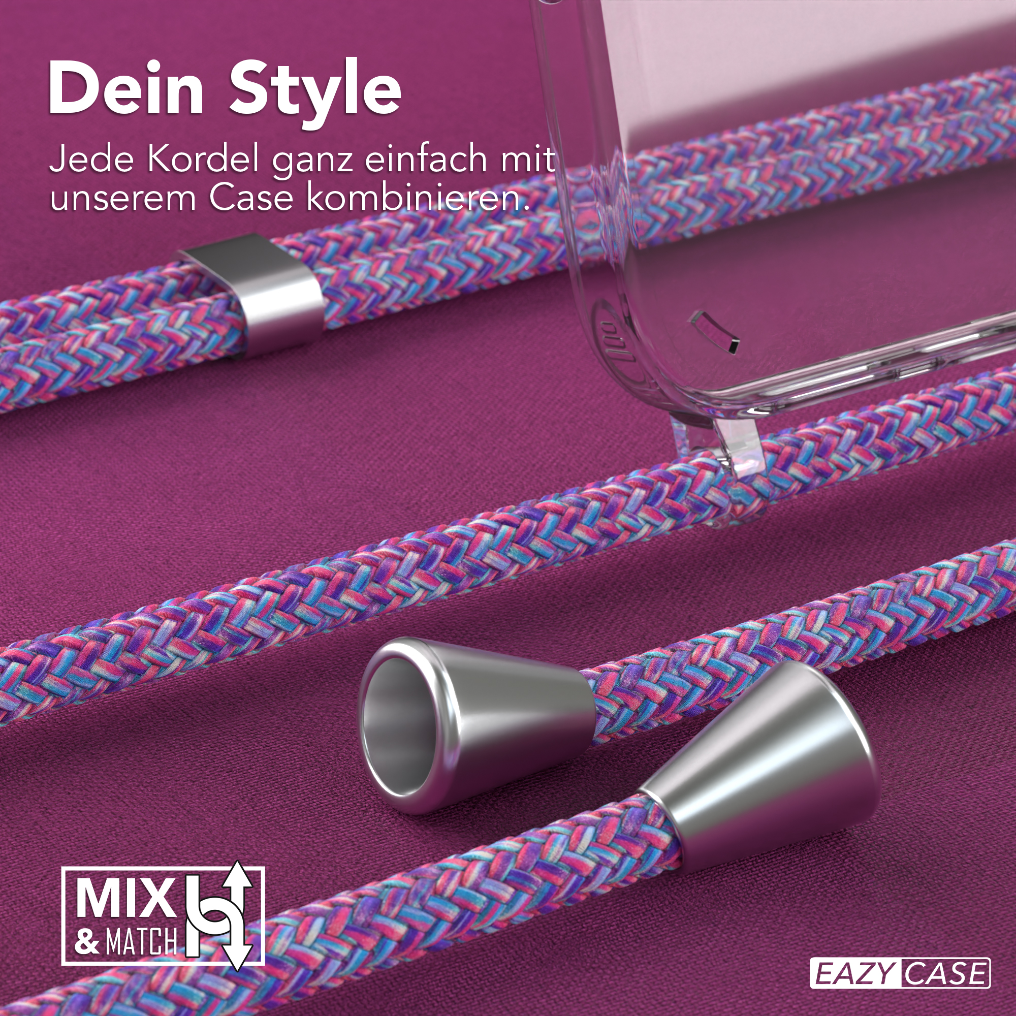 Transparente Handyhülle mit lila Kordel, mit Text und Logo.