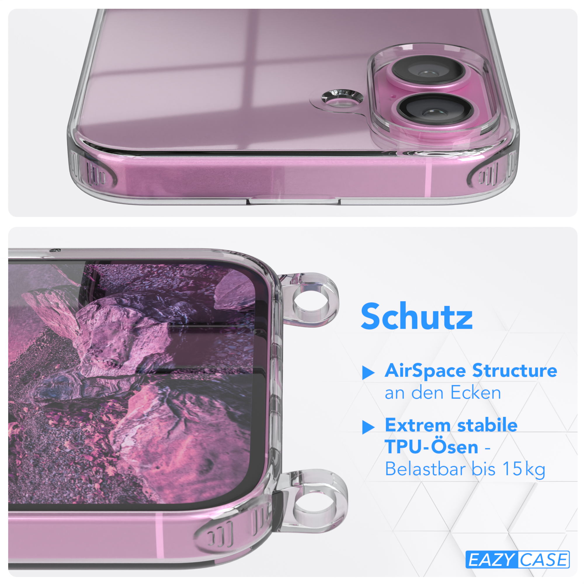 Rosa Handyhülle über einem Telefon, mit Text über Schutz.