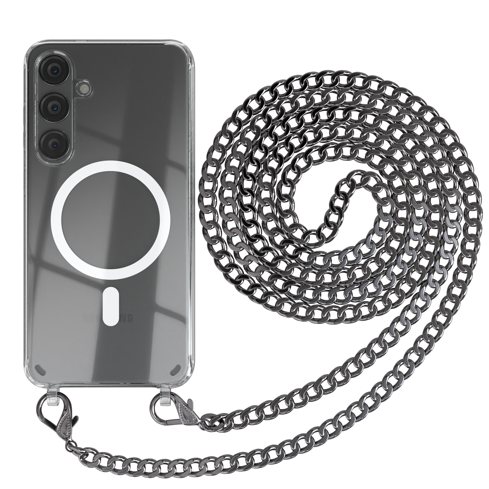 Transparente Handyhülle mit Kette und Telefon. Weißer Hintergrund.