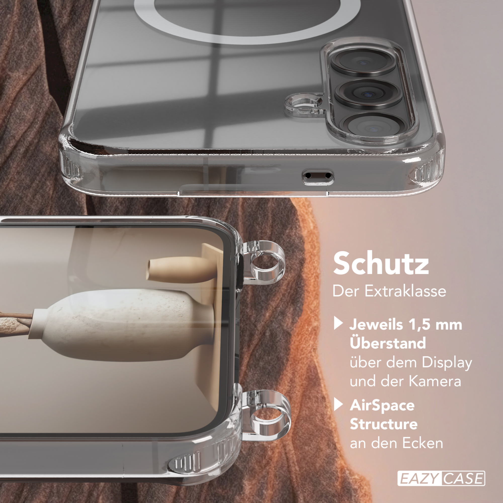 Nahaufnahme einer Handyhülle. Sie ist transparent mit einer weißen Vase und einem Holzobjekt.