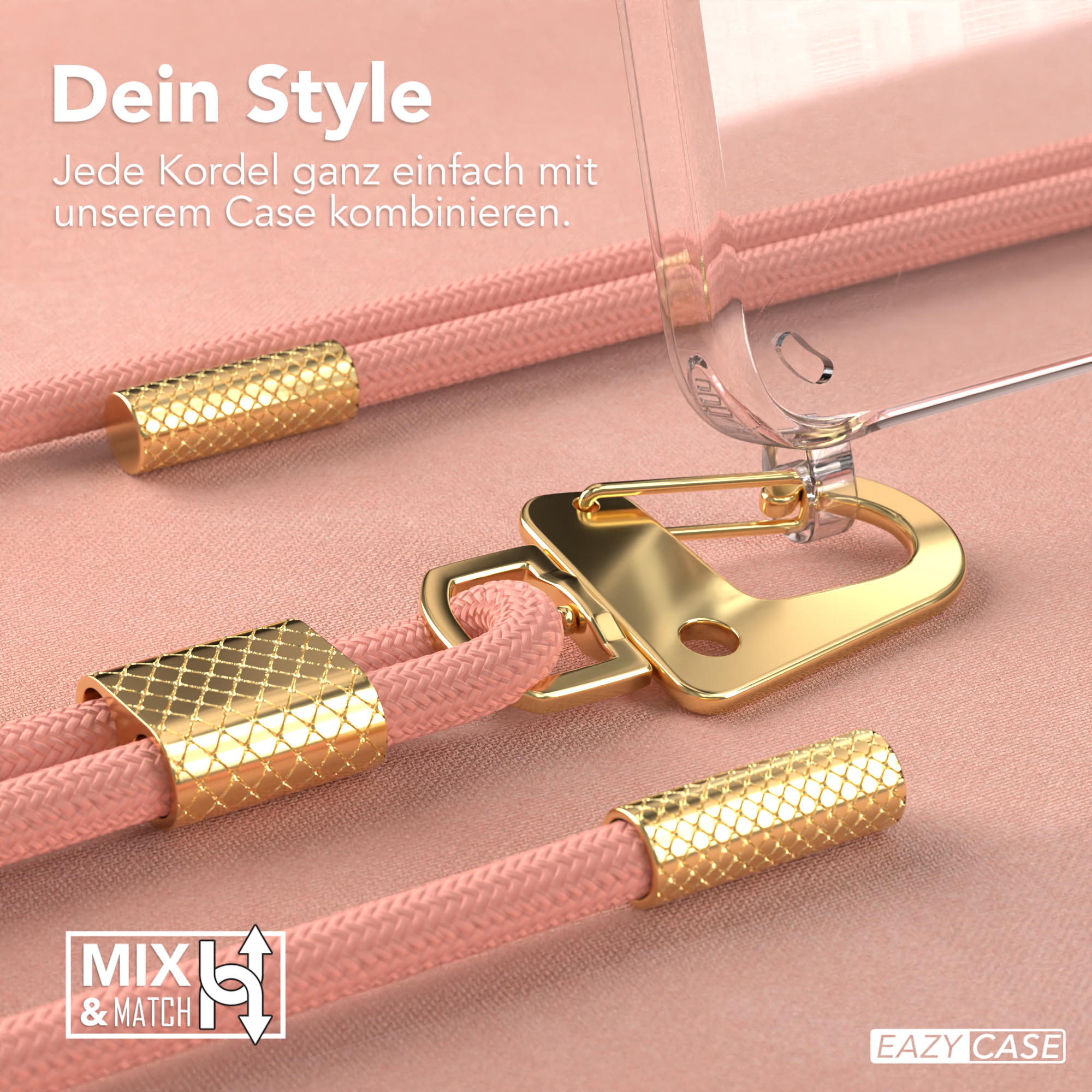 Nahaufnahme einer Handyhülle mit rosa Kordel, Golddetails und transparenter Hülle.