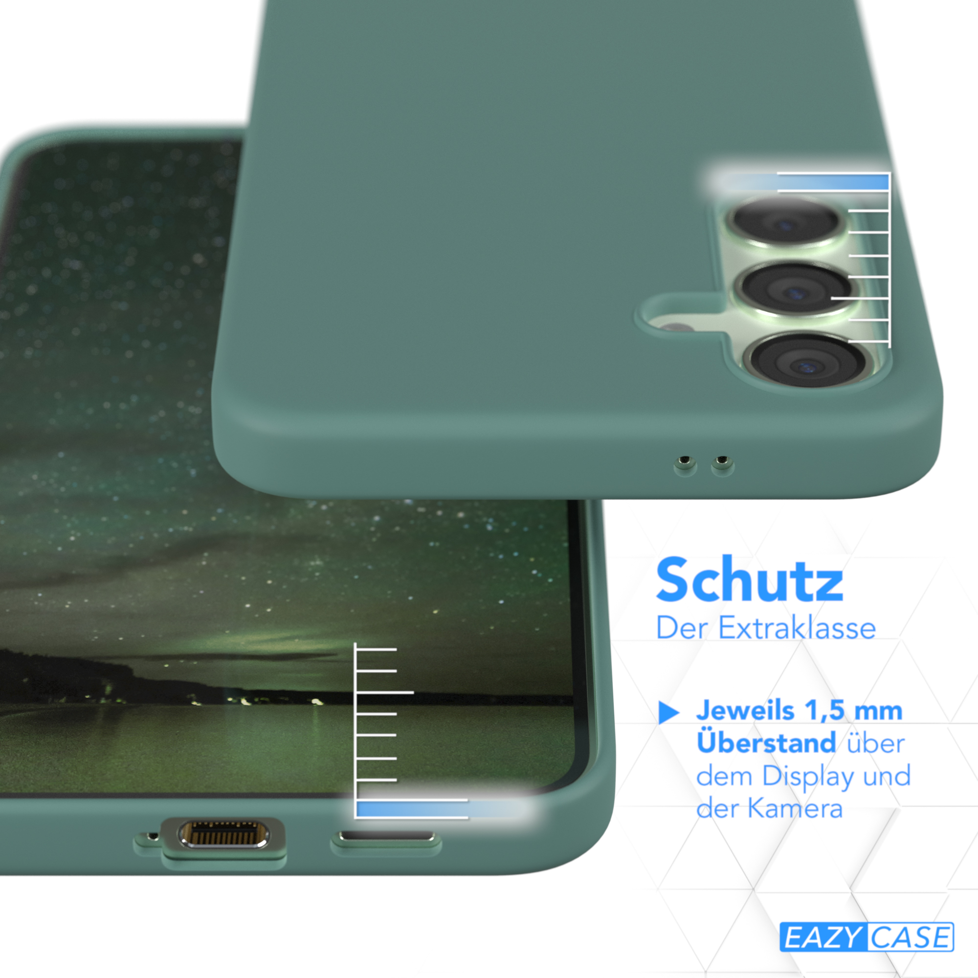 Eine grüne Handyhülle. Das Bild zeigt ein Telefon in der Hülle und einen Umriss der Merkmale der Hülle.