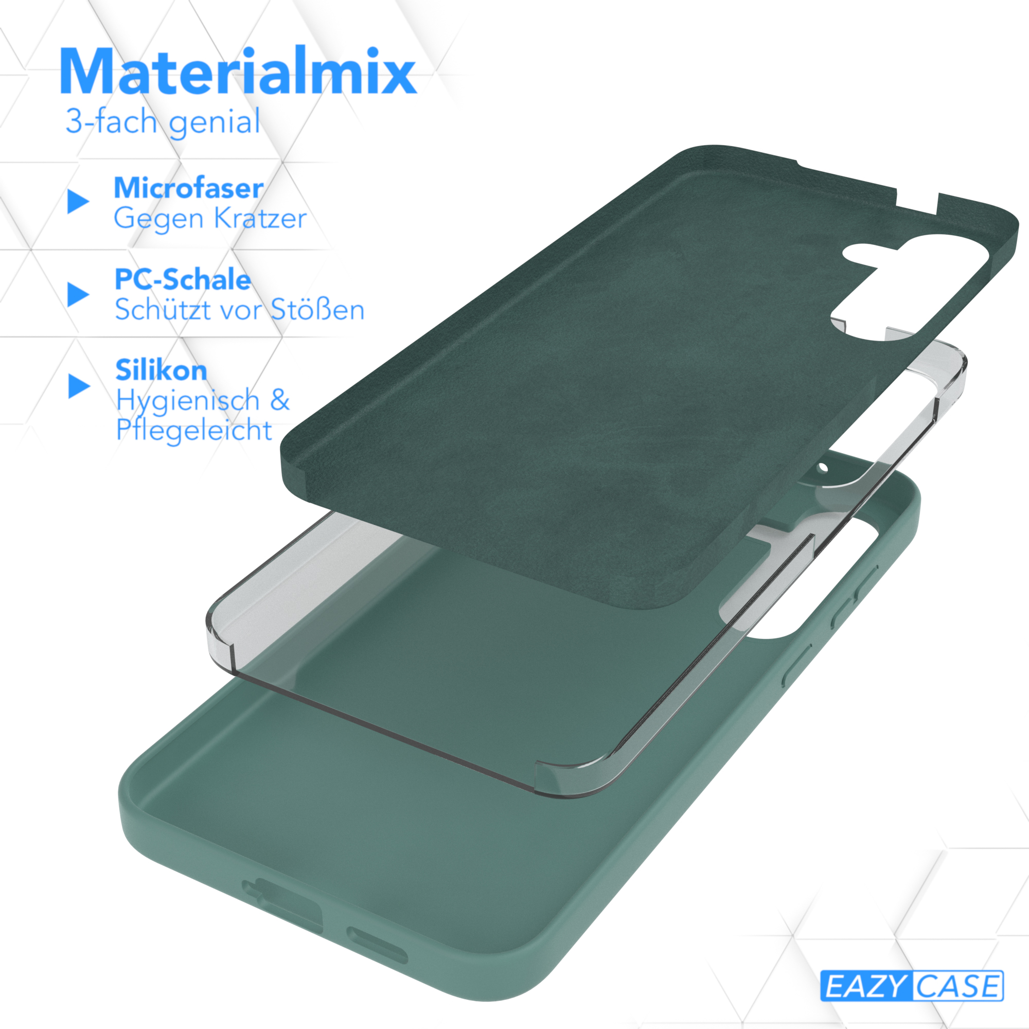 Handyhülle Schichten: Mikrofaser, PC-Schale und Silikon, mit Produktdetails.