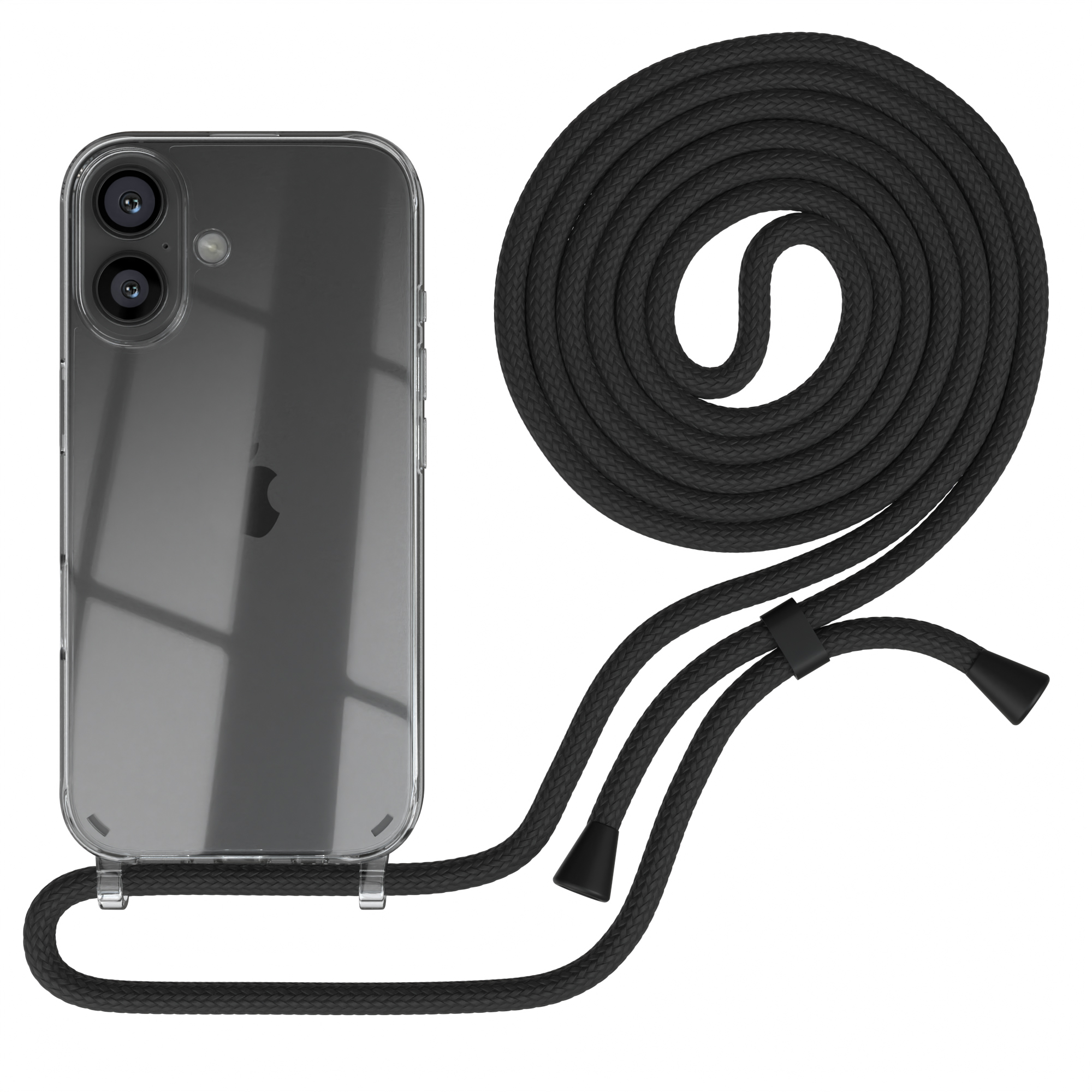Transparente Handyhülle mit schwarzem Band und Telefon mit Kamera.