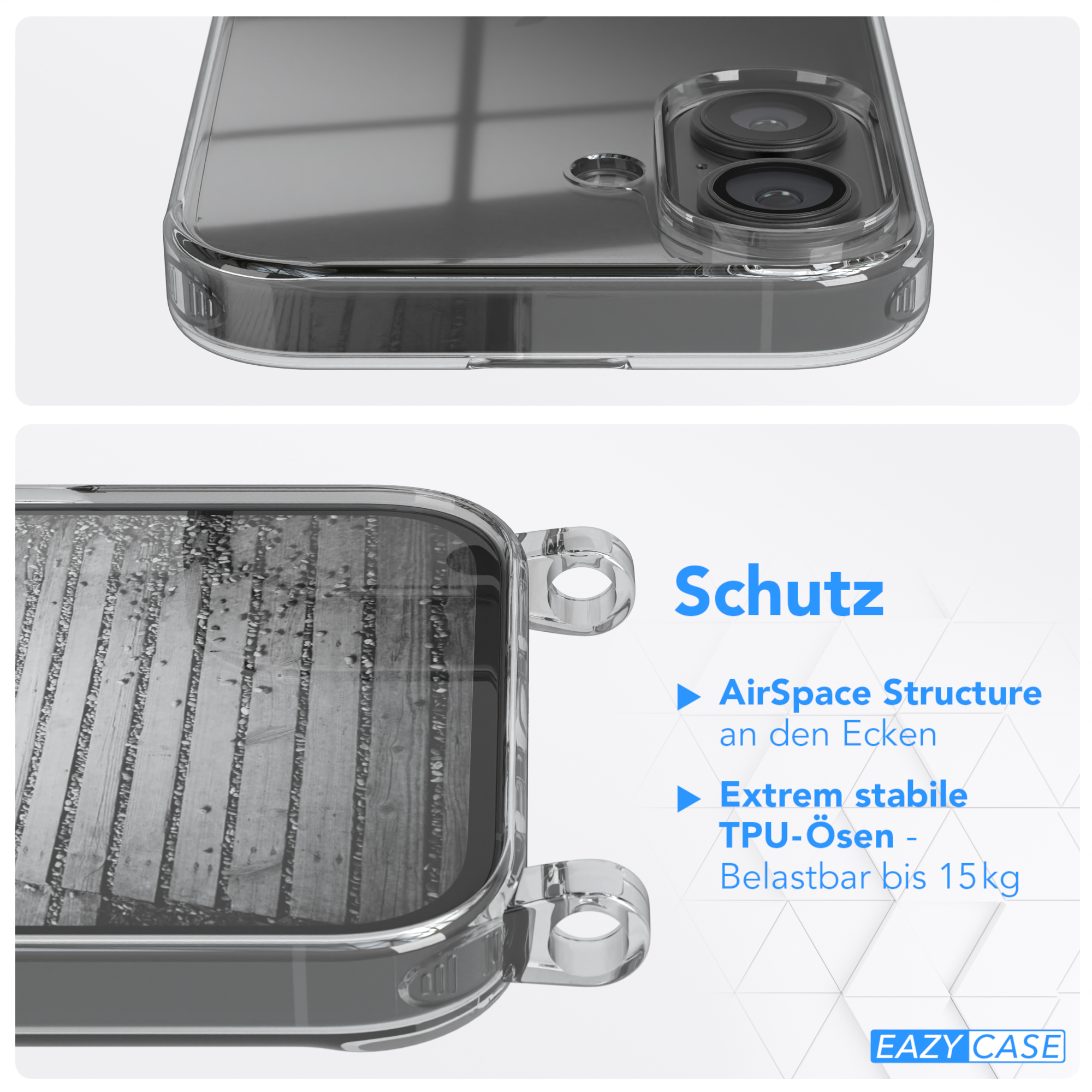 Transparente Handyhülle, Nahaufnahme der Ecke mit Text auf Deutsch.