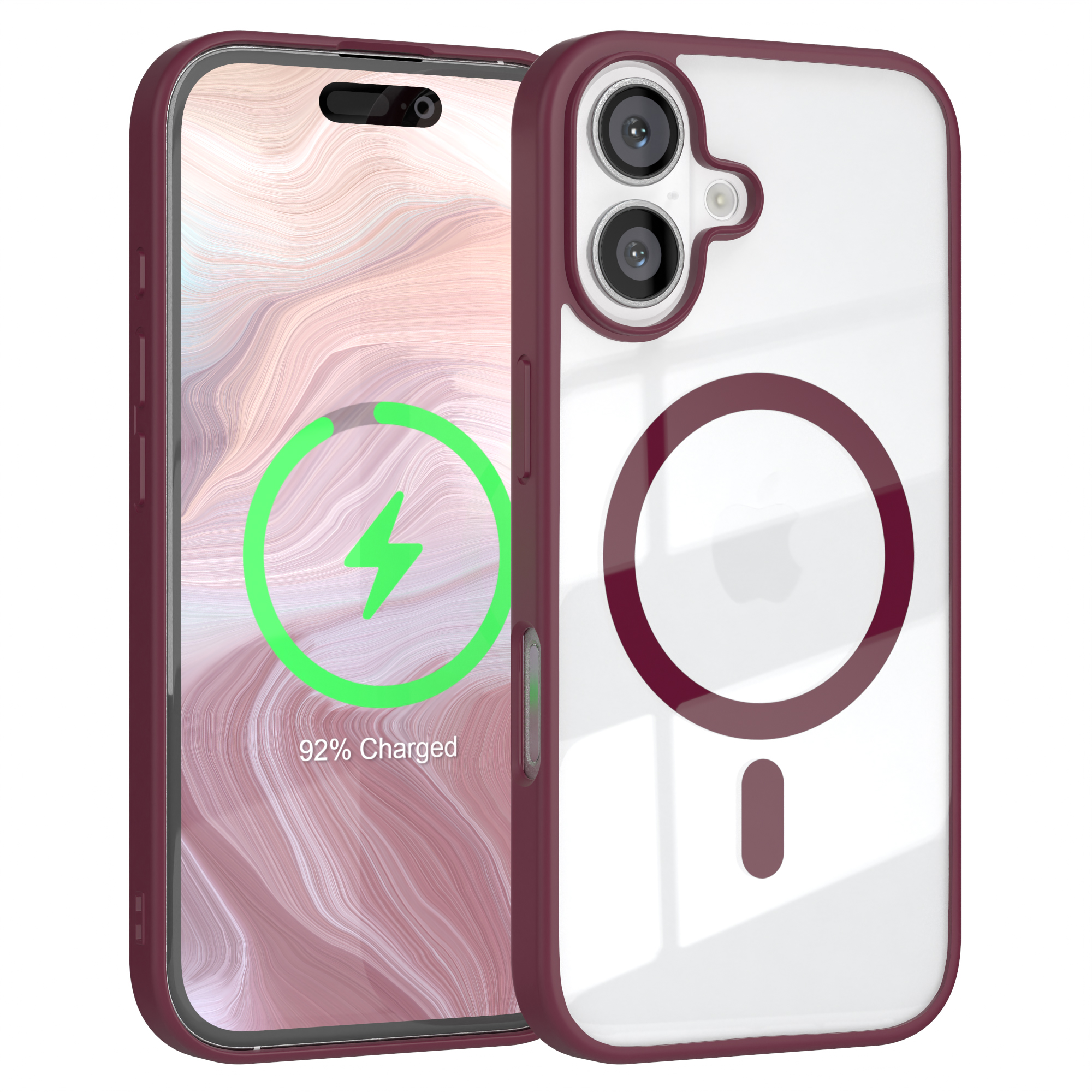 Telefon in Hülle mit Ladeanimation. Weinrote Hülle mit weißem Rahmen und Ladekreis.