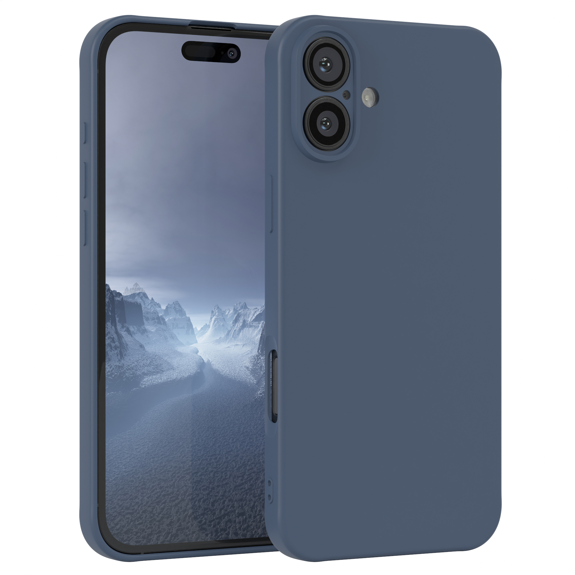 Blaue Handyhülle mit Telefon. Das Telefon hat eine Kamera und einen Blitz.