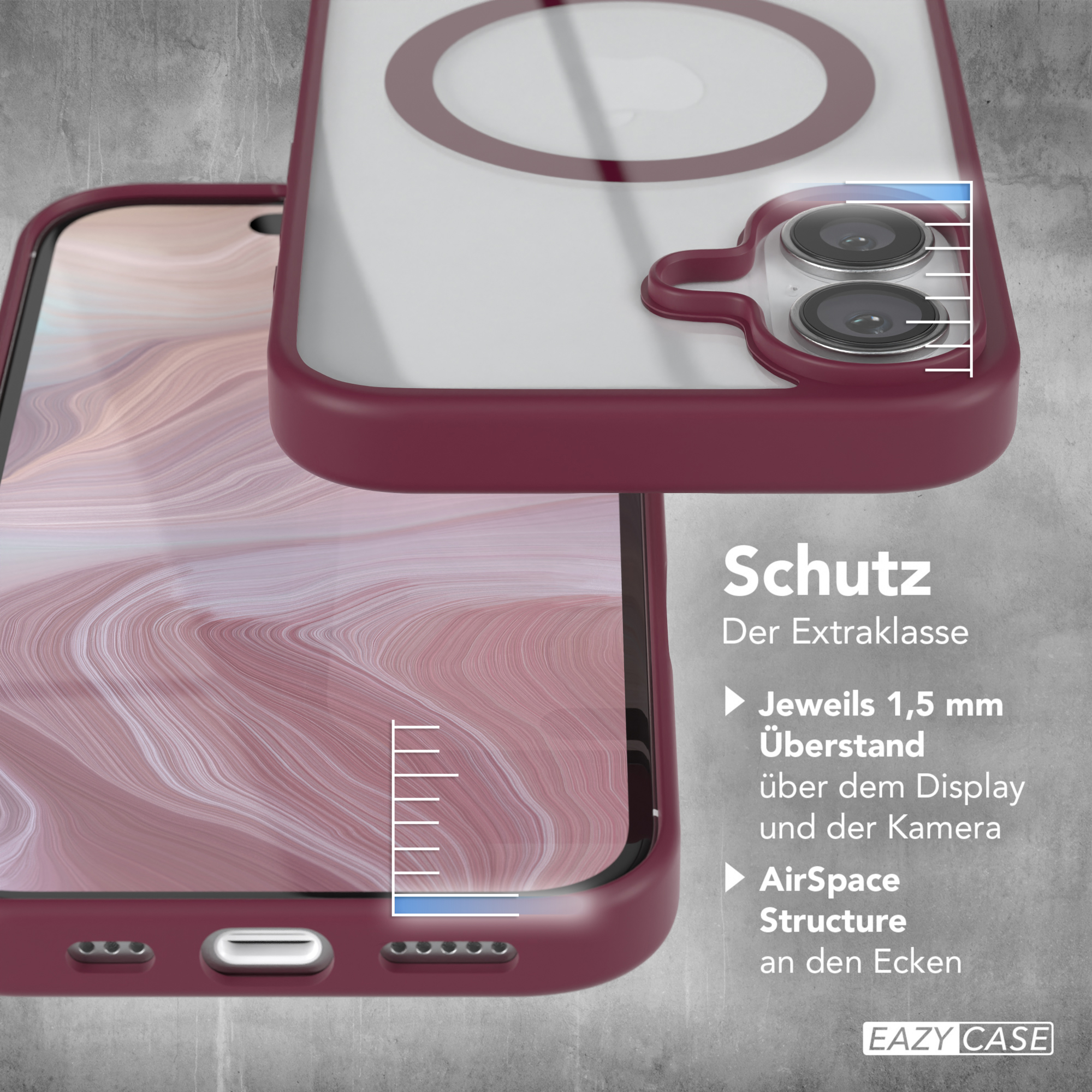 Ein Telefon mit roter Hülle, die Hülle hat eine klare Rückseite mit einem weißen Kreis. Es hat auch eine klare Rückseite.