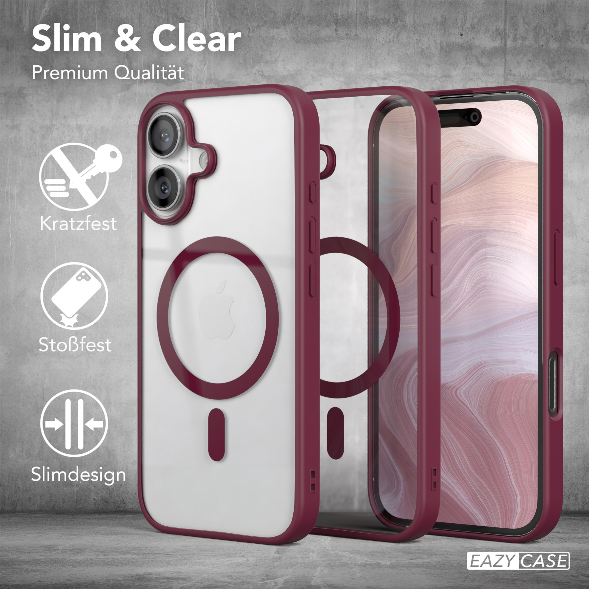 Transparente Handyhülle mit weinrotem Rand. Drei Hüllen mit einem Telefon darin.