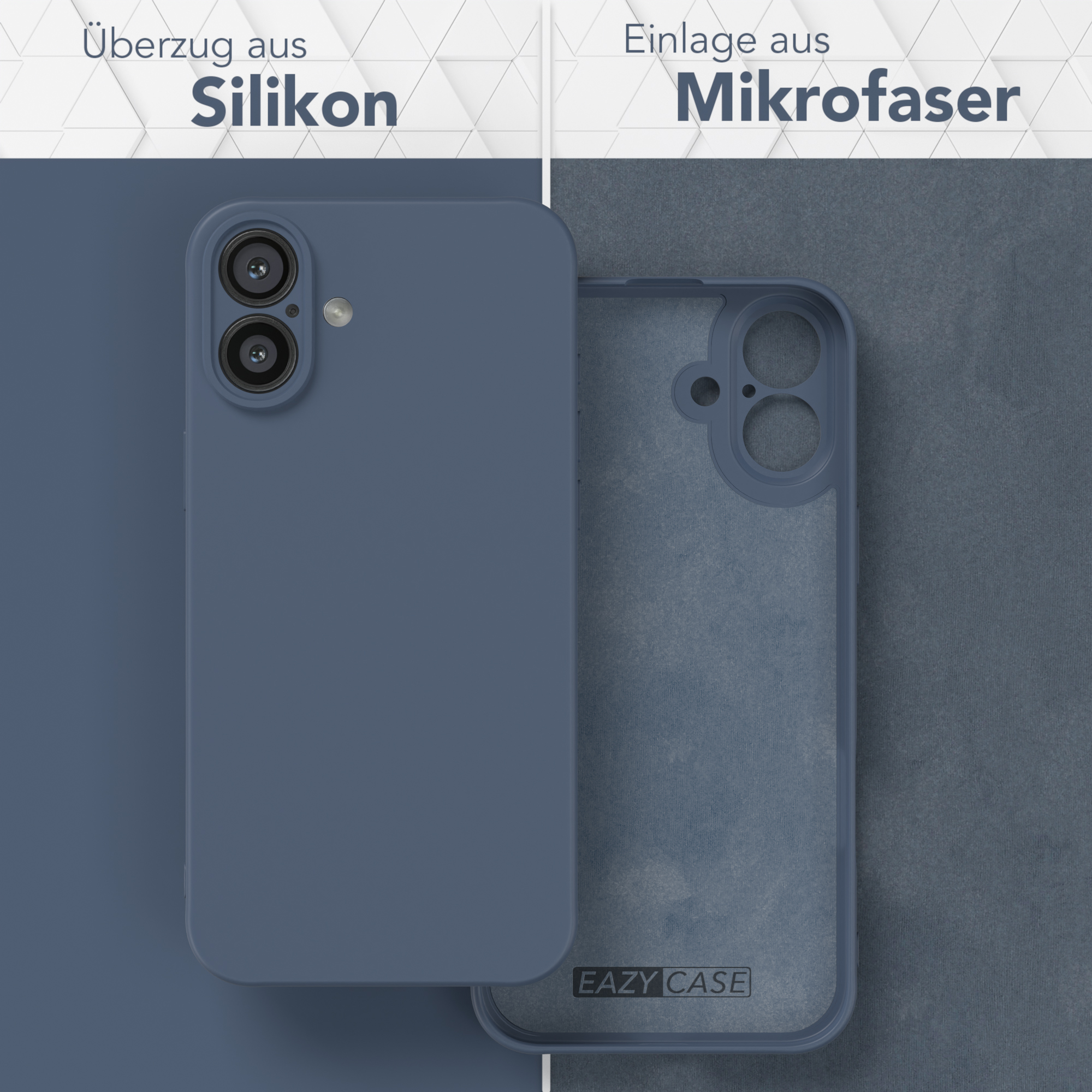 Eine Handyhülle mit blauer Silikonaußenseite und Mikrofaser-Innenfutter.