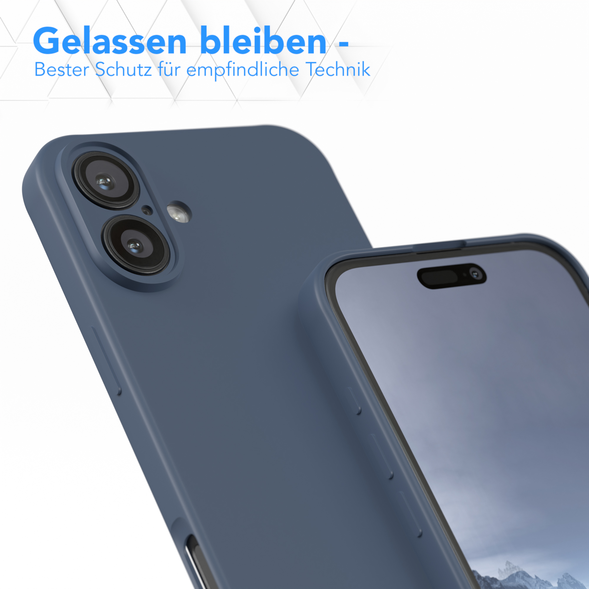 Blaue Handyhülle mit einem Telefon darin. Die Hülle wird im Nahaufnahme gezeigt.