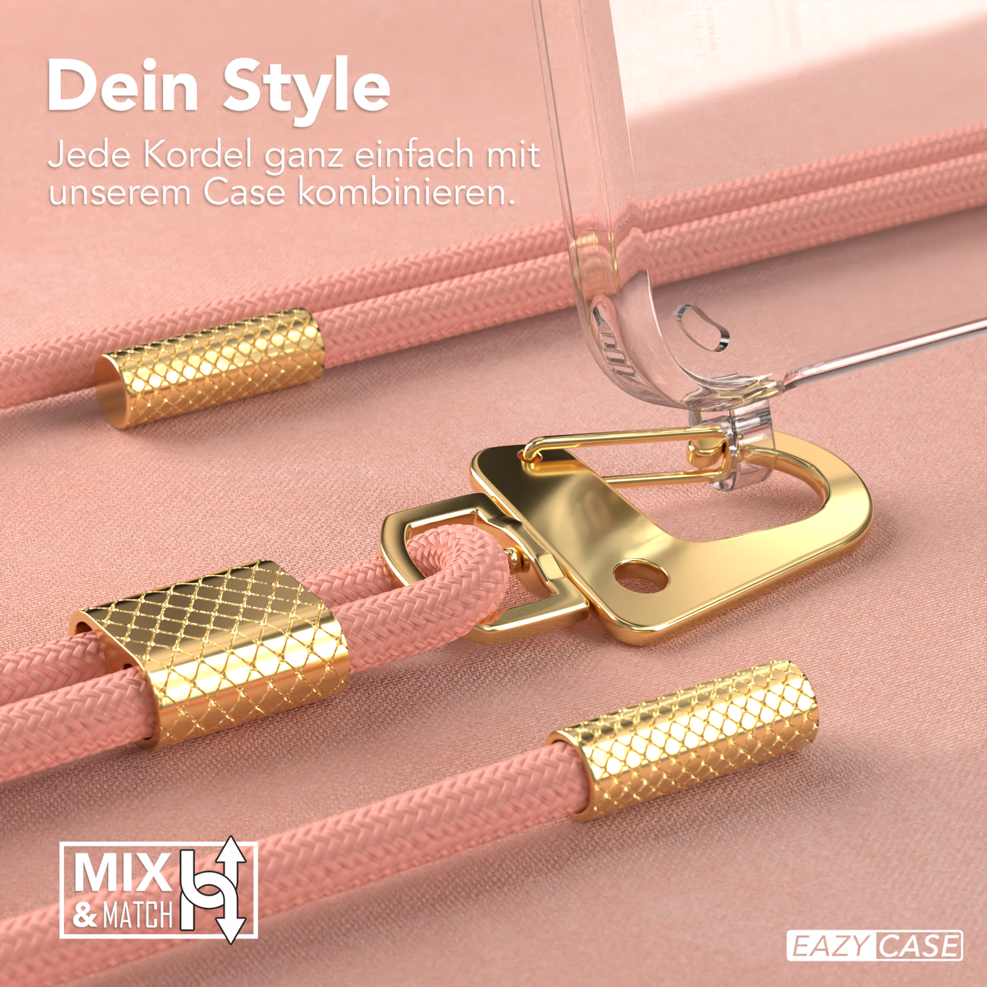 Rosa Handykordel mit goldenen Akzenten und einer transparenten Handyhülle.